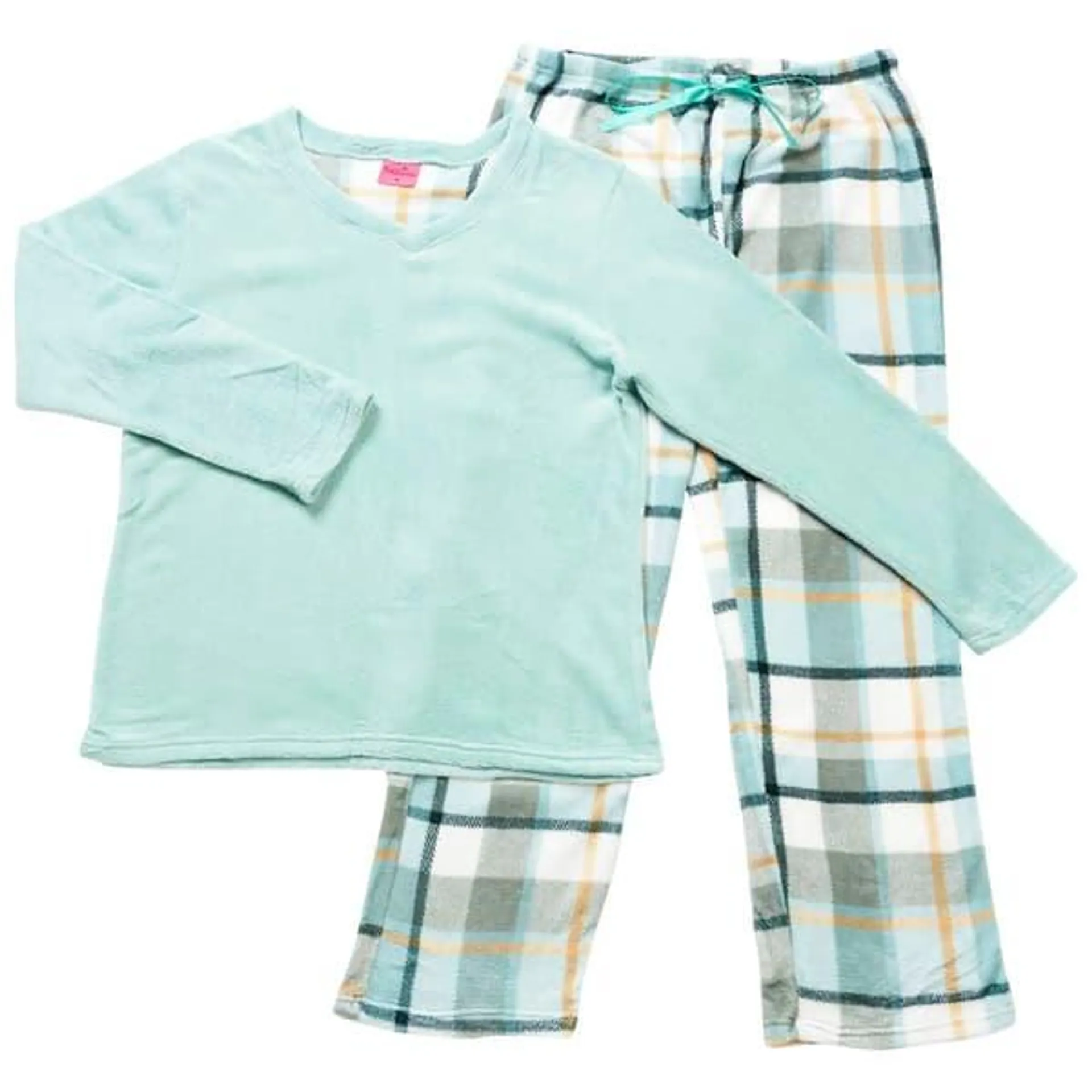 Womens Pink Laundry Folded Plaid Coral Plush Pajama Set - Green