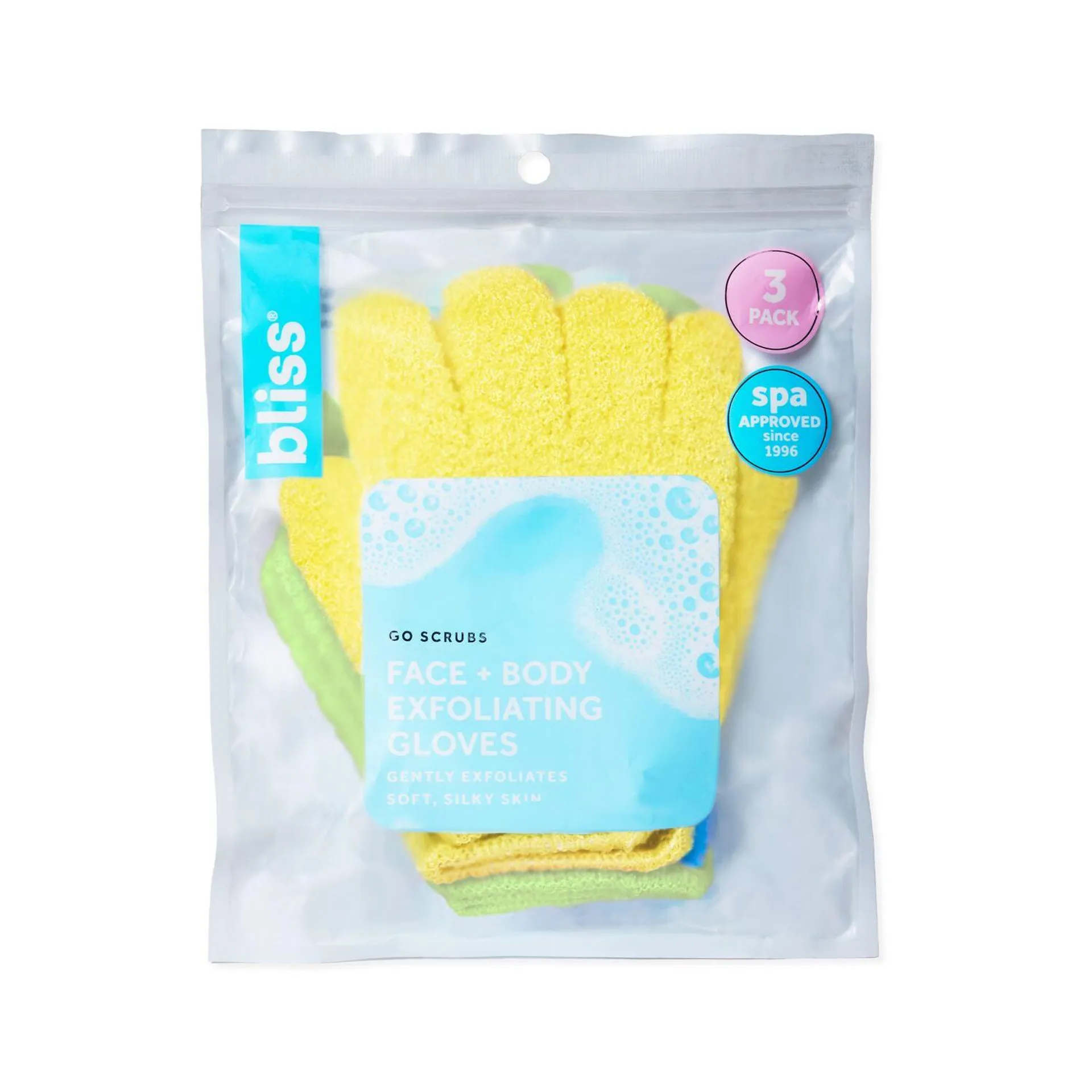 Go Scrubs Face + Body Exfoliating Gloves-Yellow/Green/Blue