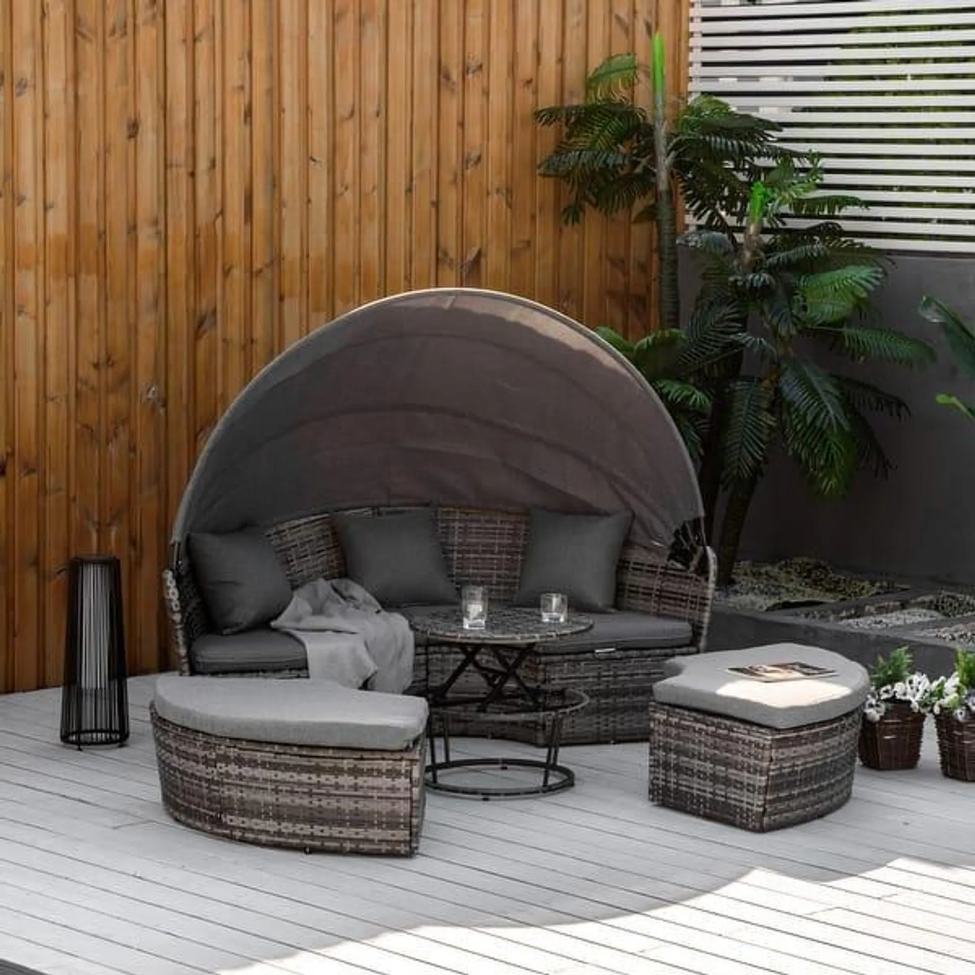 Outsunny 5 Pieces Patio PE Wicker Lounge Set, Outdoor Rattan Garden Conversation Furniture Set, Round Sofa Bed