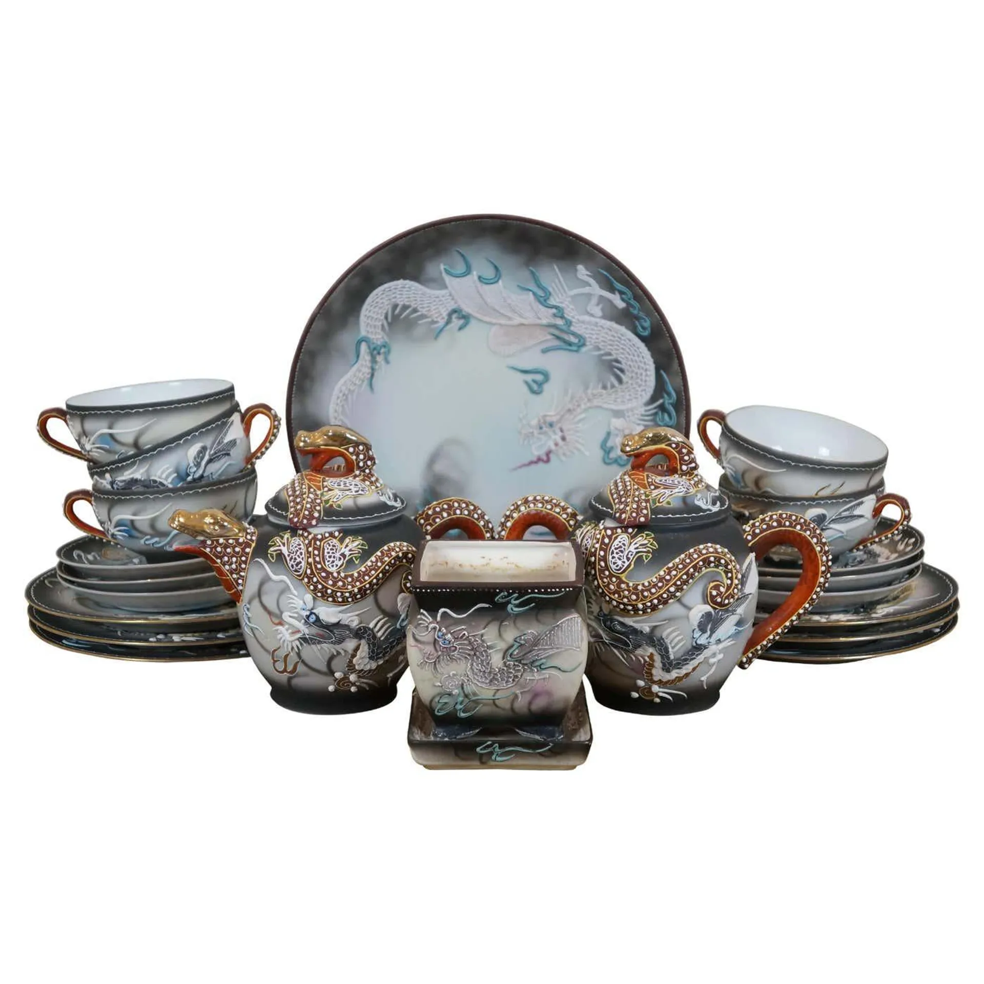 21 Pc Japanese Satsuma Moriage Dragonware Lithopane Geisha Coffee Tea Set