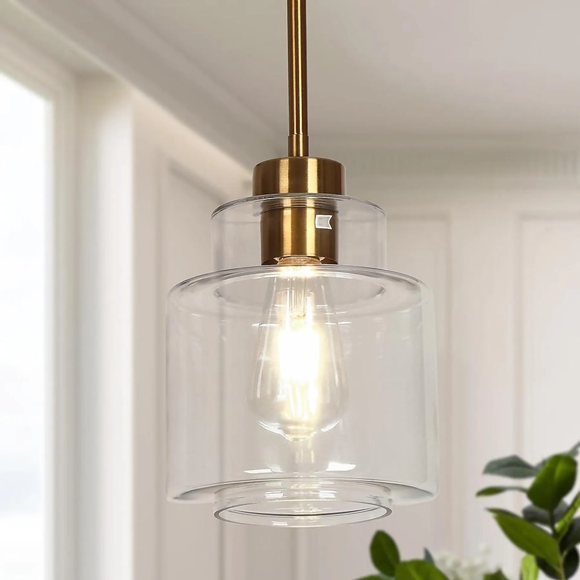 Uolfin Brass Gold and Clear Glass Shade Modern/Contemporary Clear Glass Geometric LED Mini Hanging Kitchen Island Light