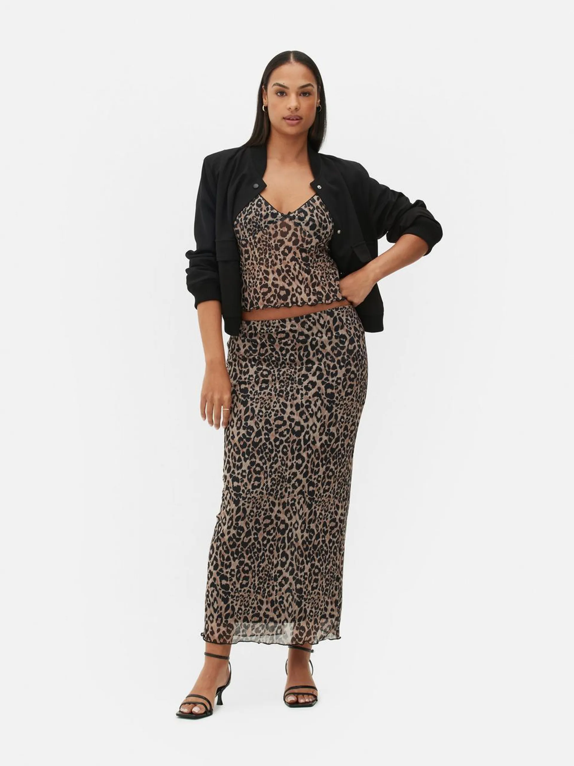 Co-Ord Leopard Mesh Overlay Midi Skirt