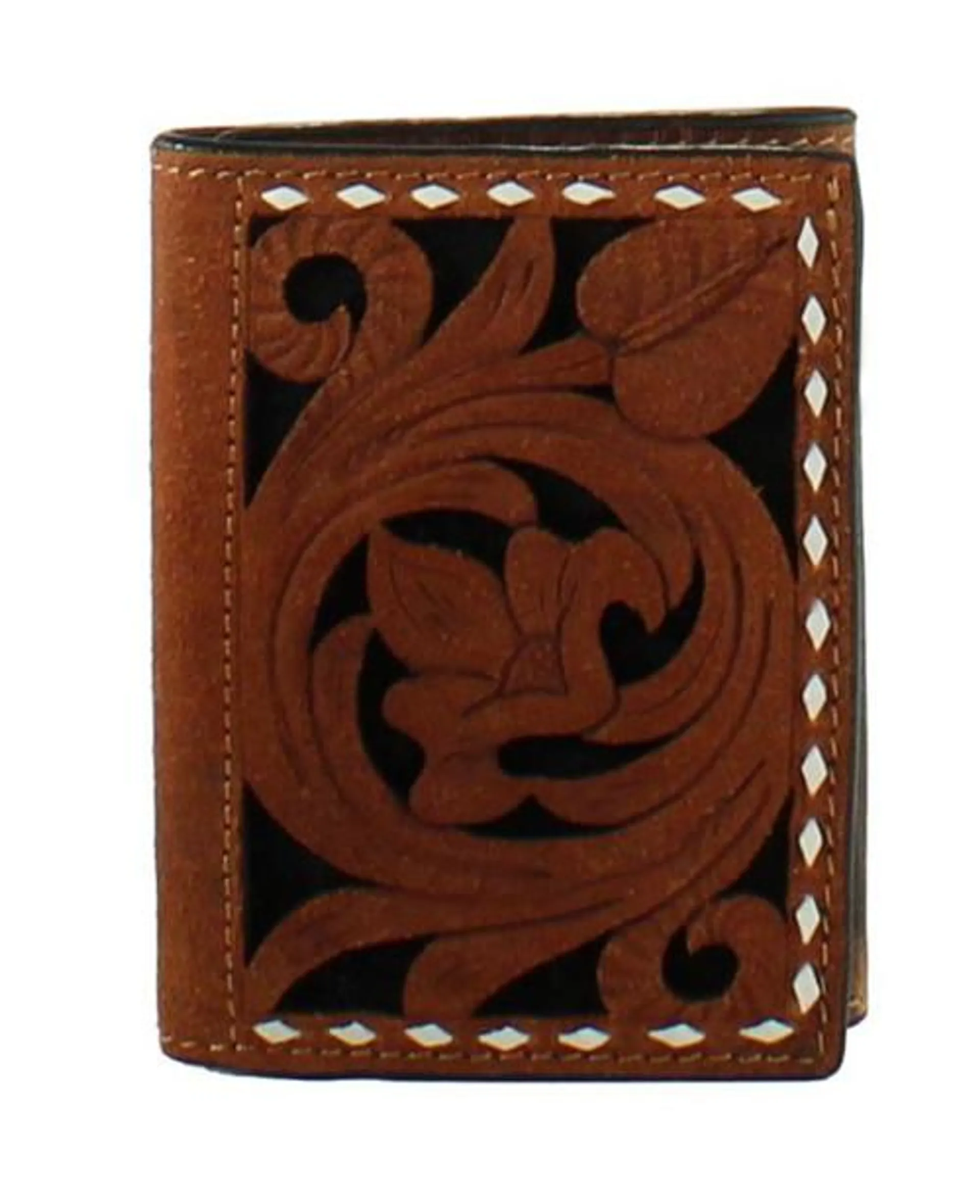 3D Mens Brown Trifold Wallet with Floral Filagree