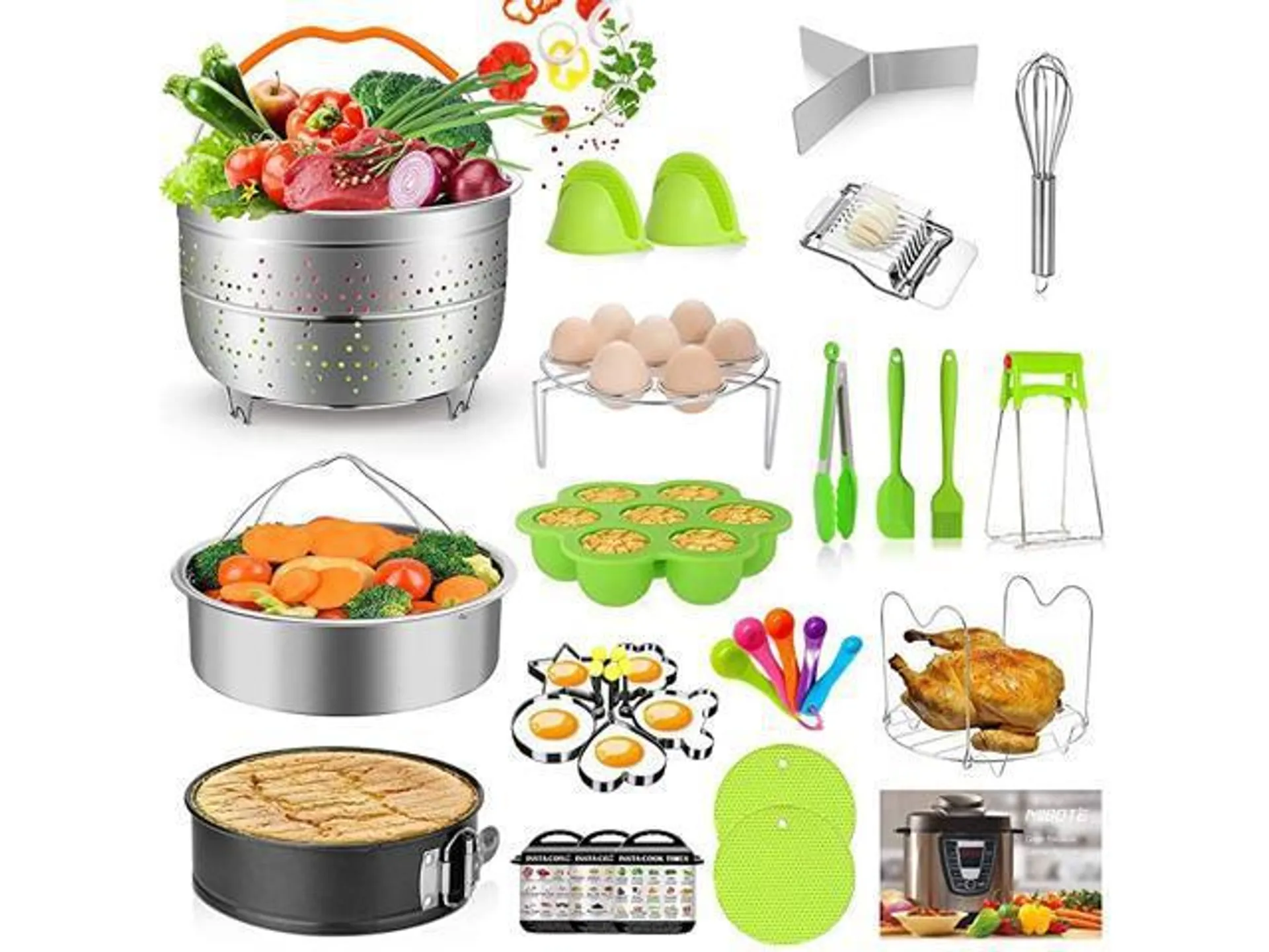 93 Pcs Accessories Set for Instant Pot 5,6,8 Qt, 2 Steamer Baskets, Springform Pan, Egg Steamer Rack, Egg Bites Mold, Kitchen Tong, Silicone Pad, Oven Mitts, Cheat Sheet Magnet, and etc