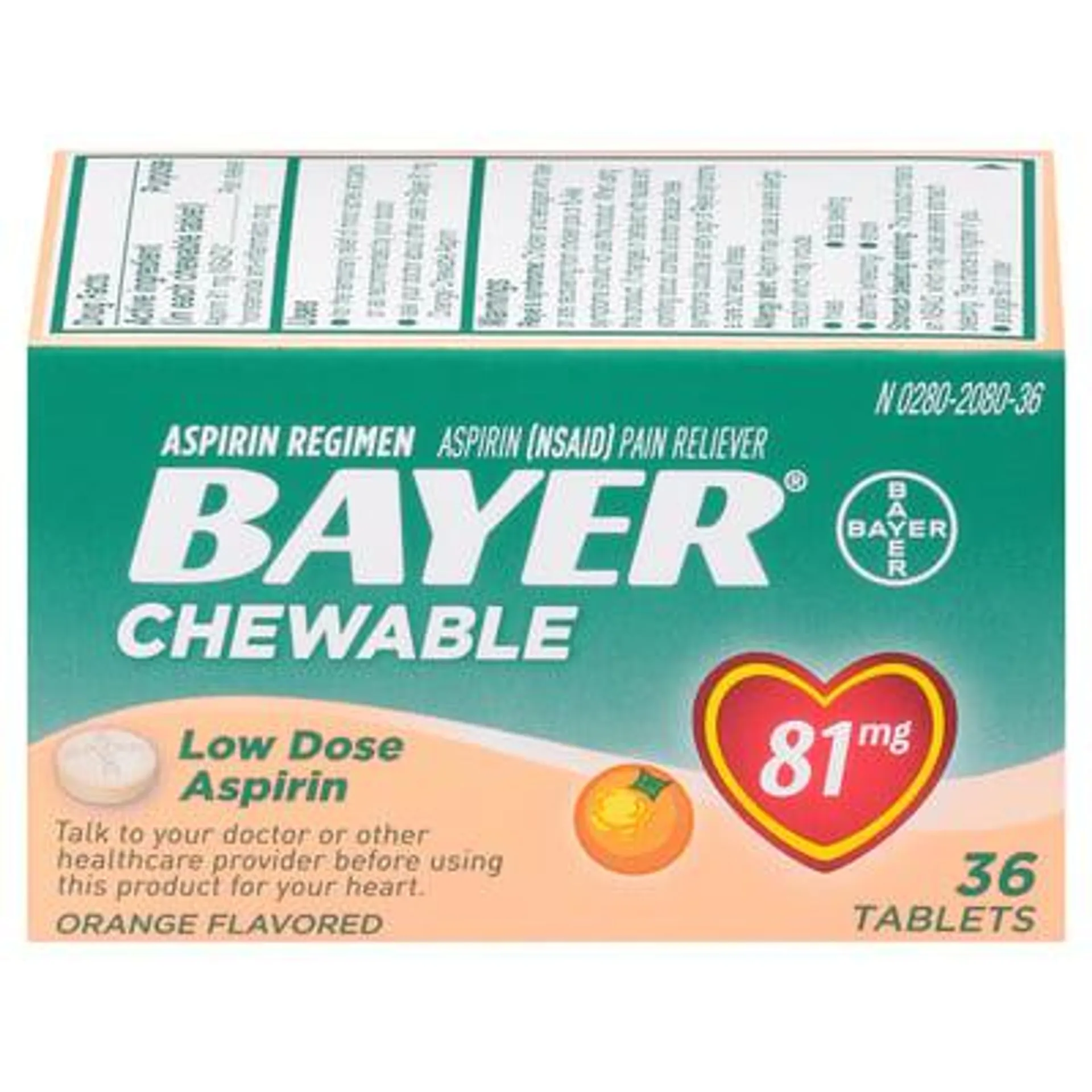 Bayer, Aspirin, Low Dose, 81 mg, Chewable, Tablets, Orange Flavored