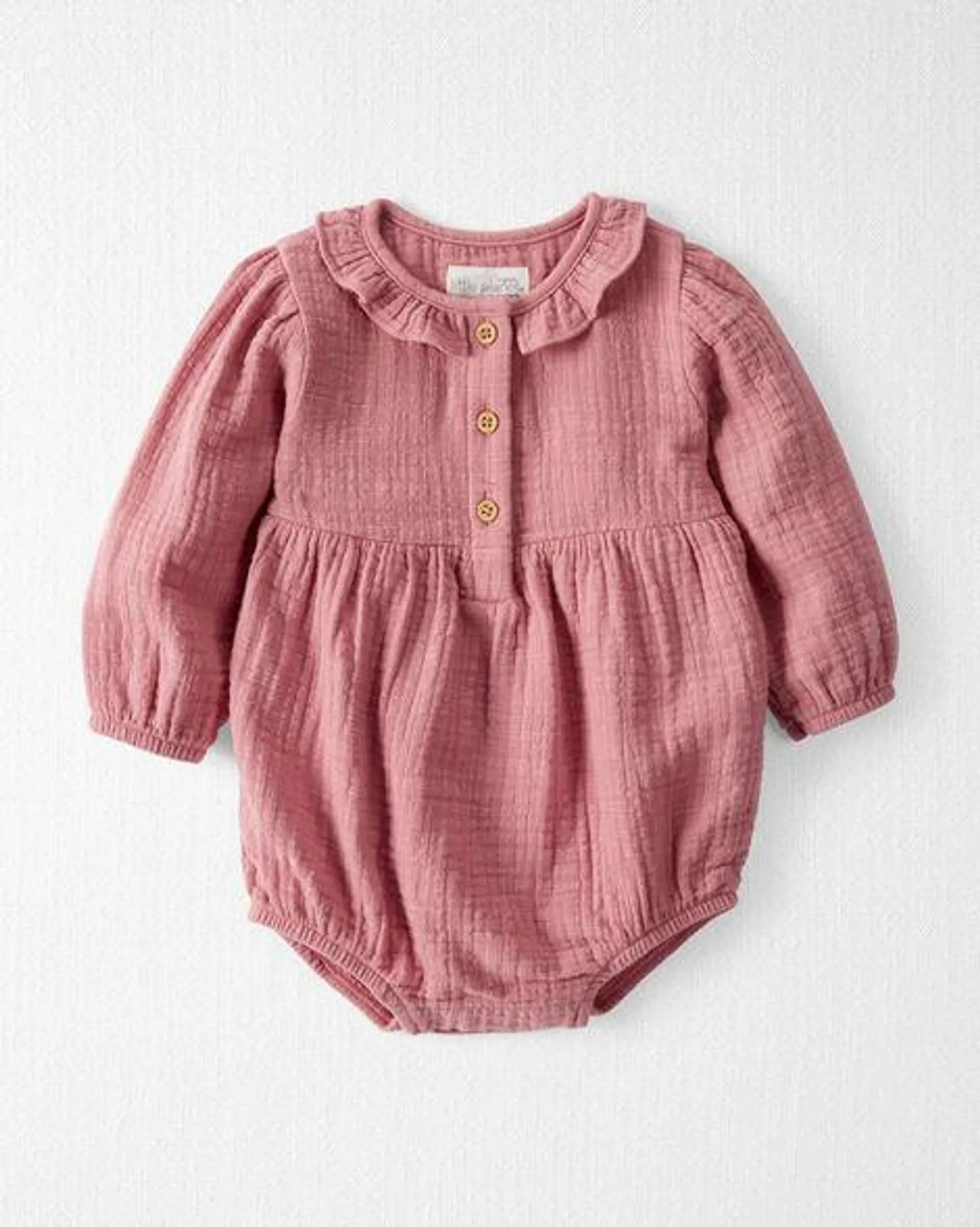 Baby Organic Cotton Gauze Ruffle Bubble in Dark Blush