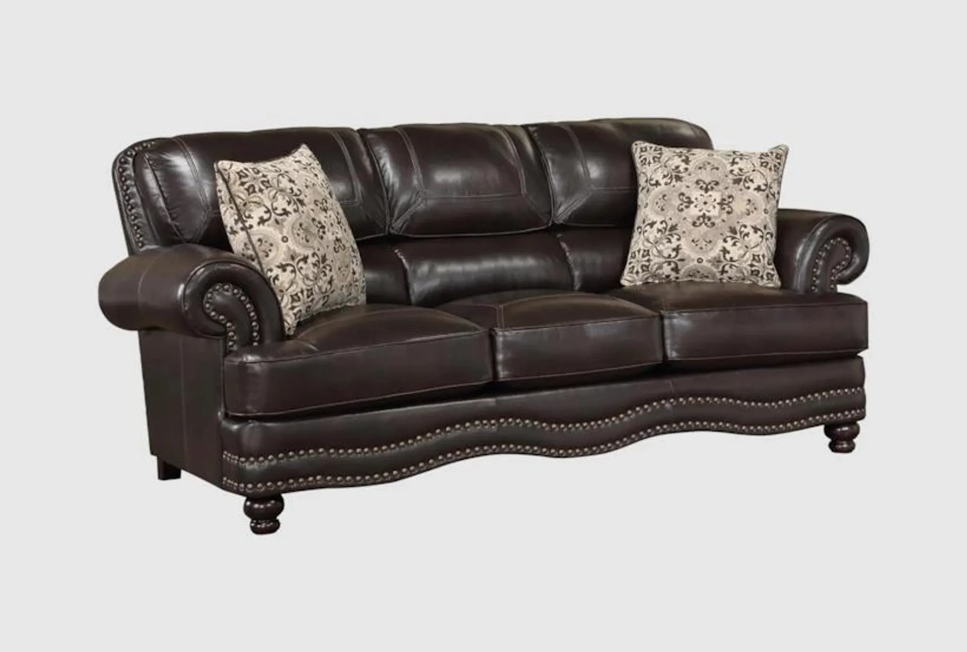 Landrum Brown Faux Leather 88" Sofa | Rolled Arms | Nailhead