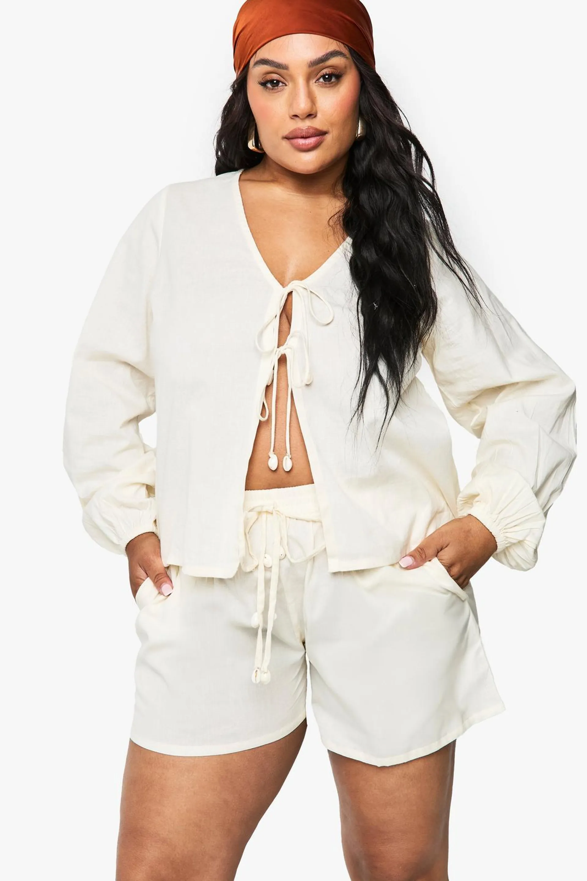 Plus Shell Trim Tie Front Beach Co Ord