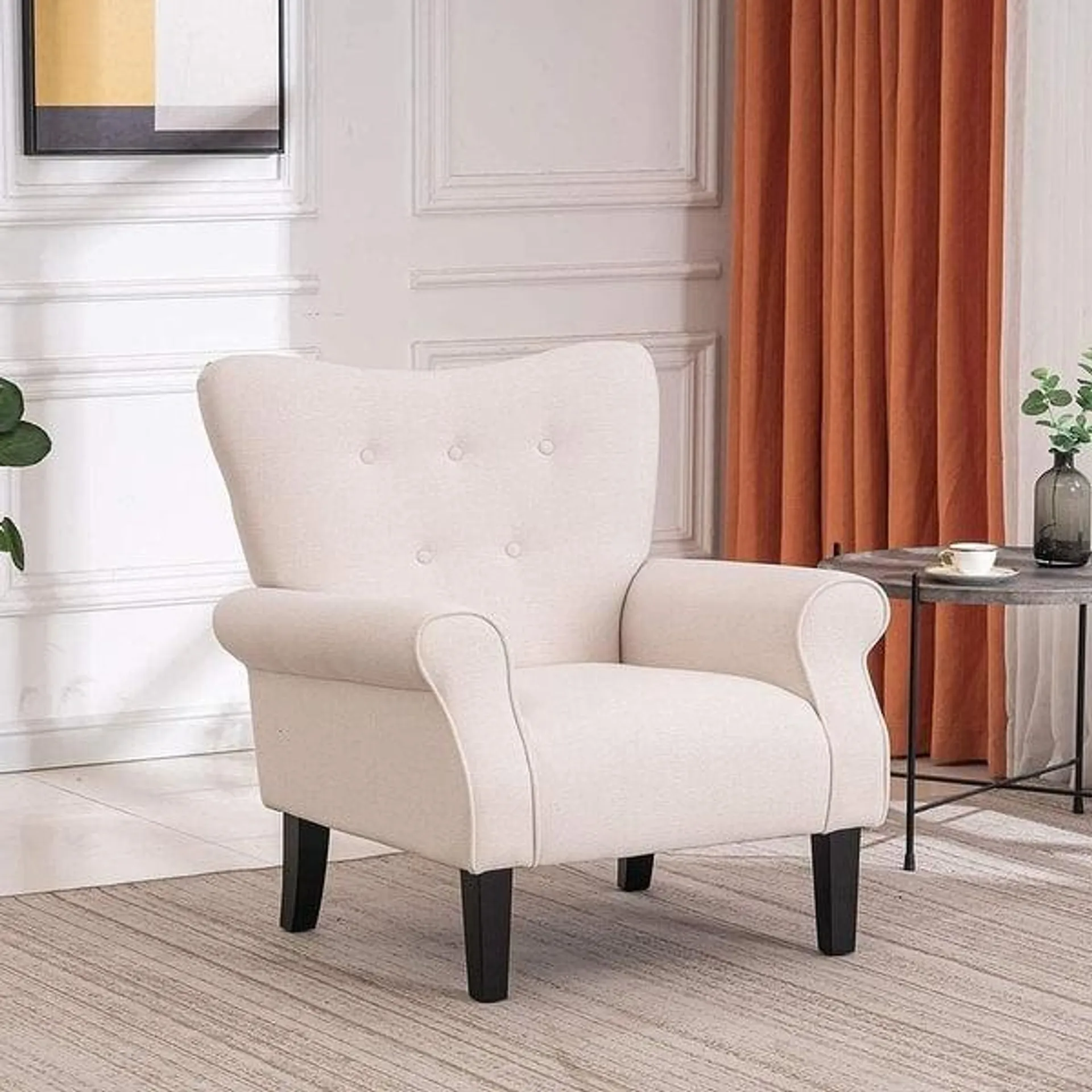 Erommy Wing back Arm Chair, Upholstered Fabric High Back Chair with Wood Legs