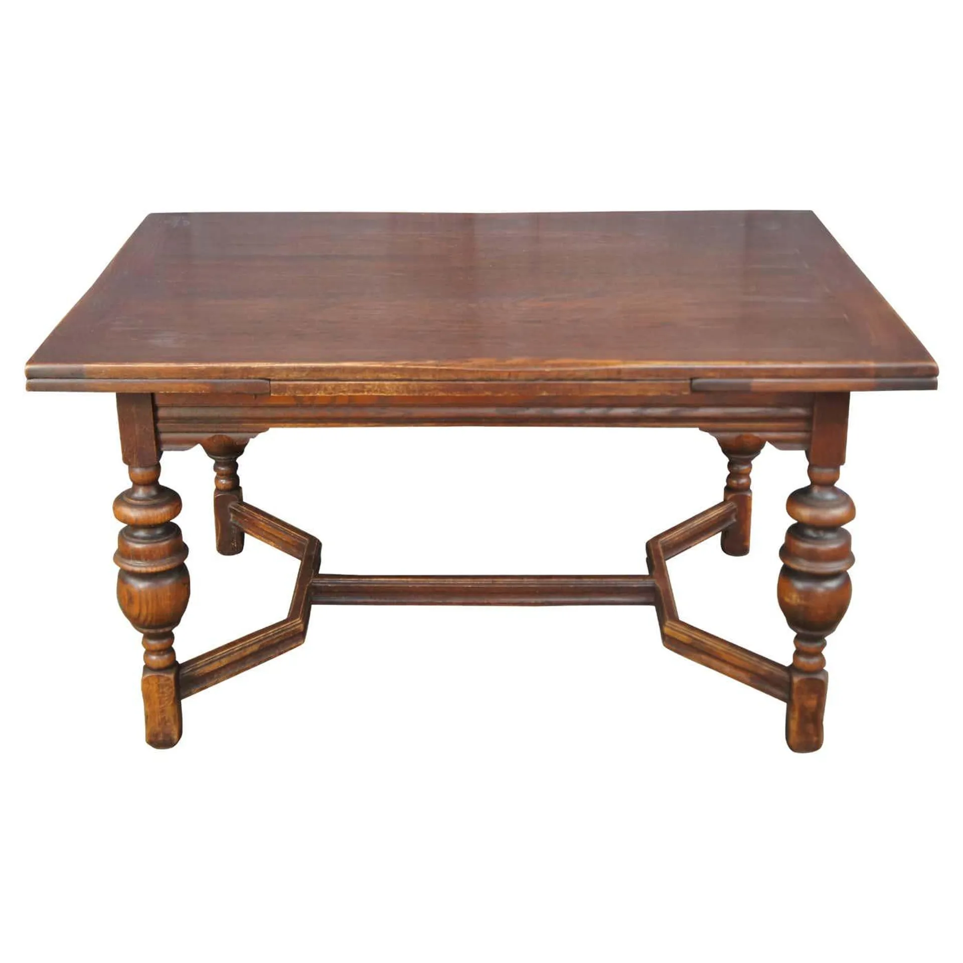 Antique Elizabethan Jacobean Revival Oak Draw Leaf Refectory Dining Table 86"