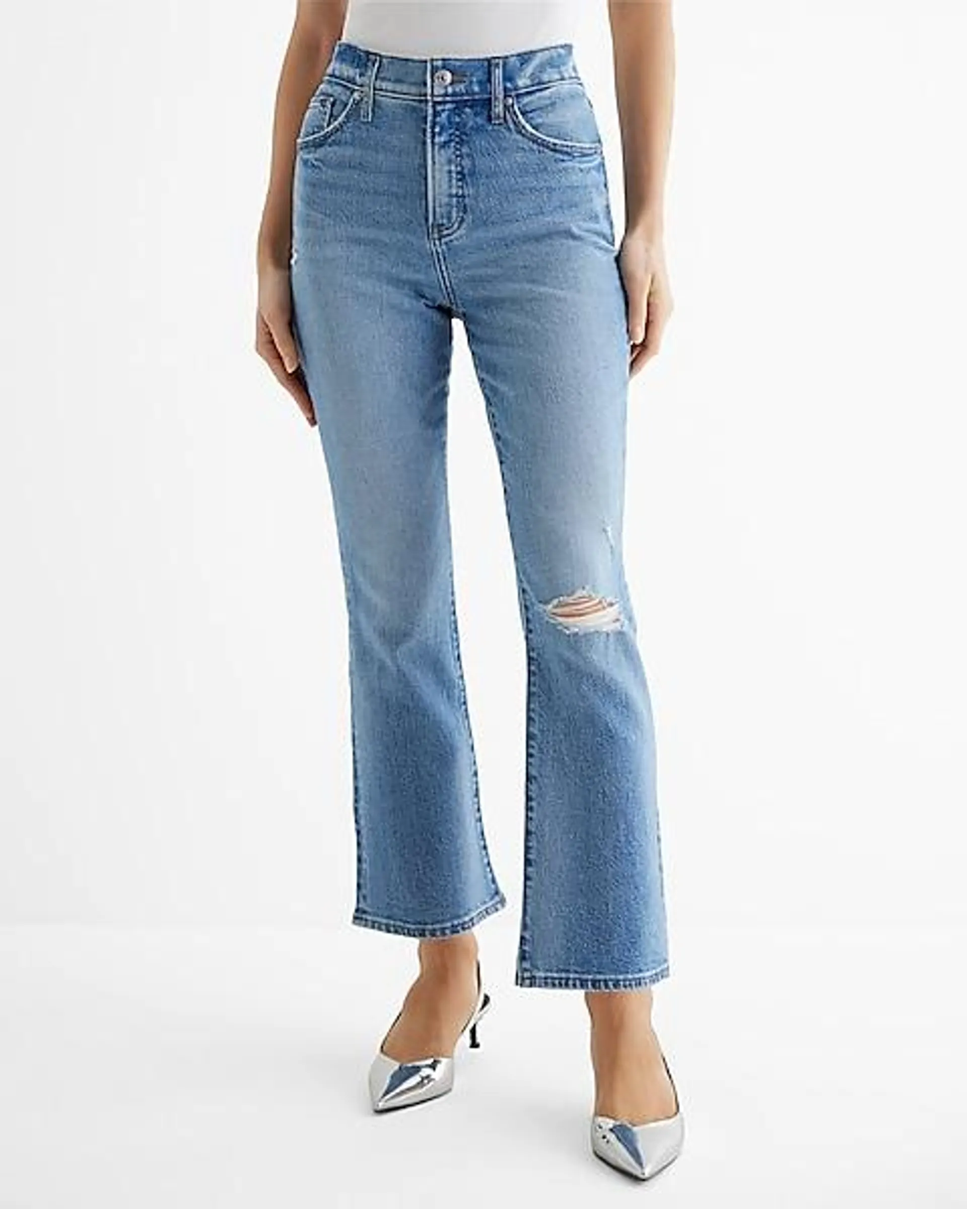 High Waisted Light Wash Ripped Cropped Flare Jeans