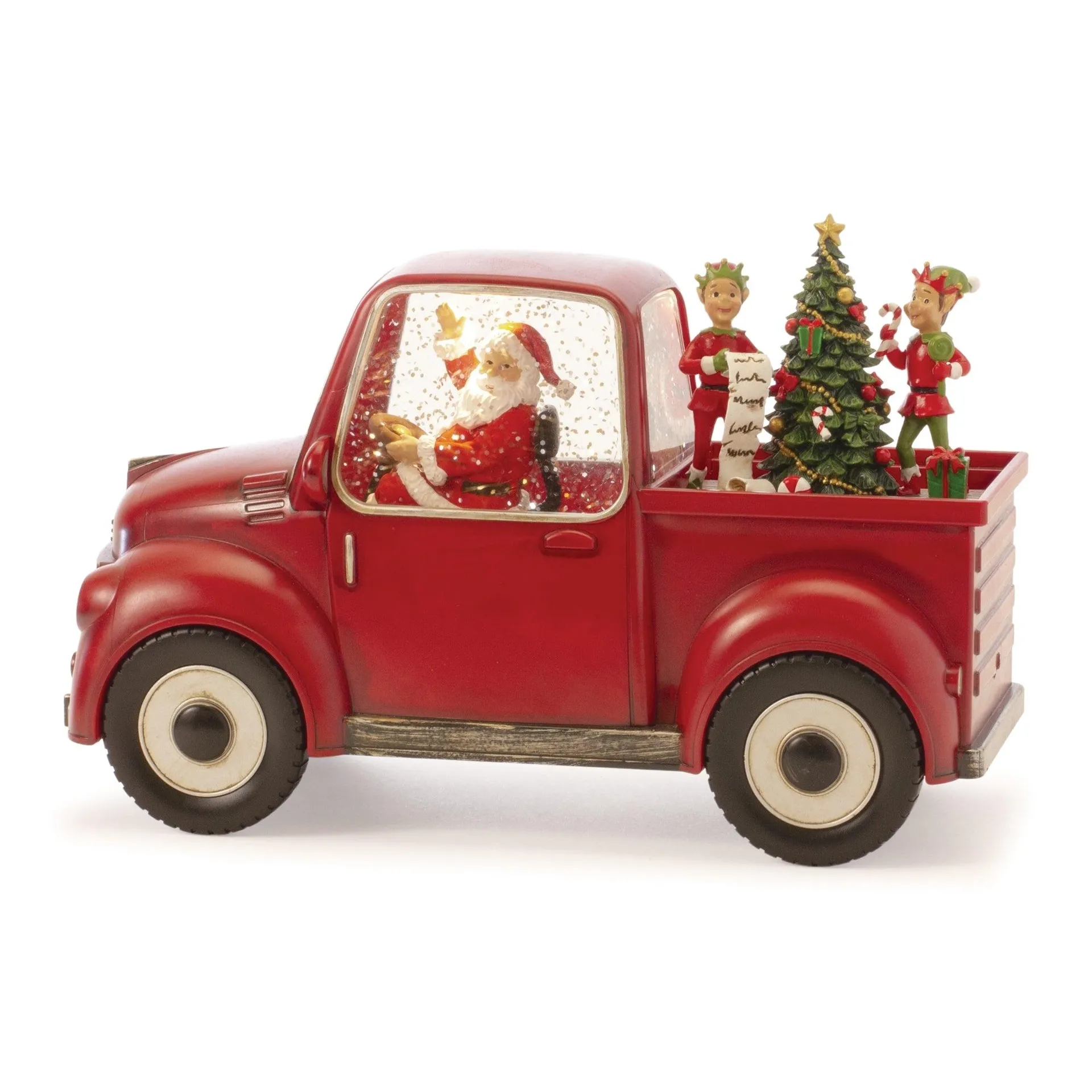 LED Snow Globe Truck with Santa and Elves 8.75"