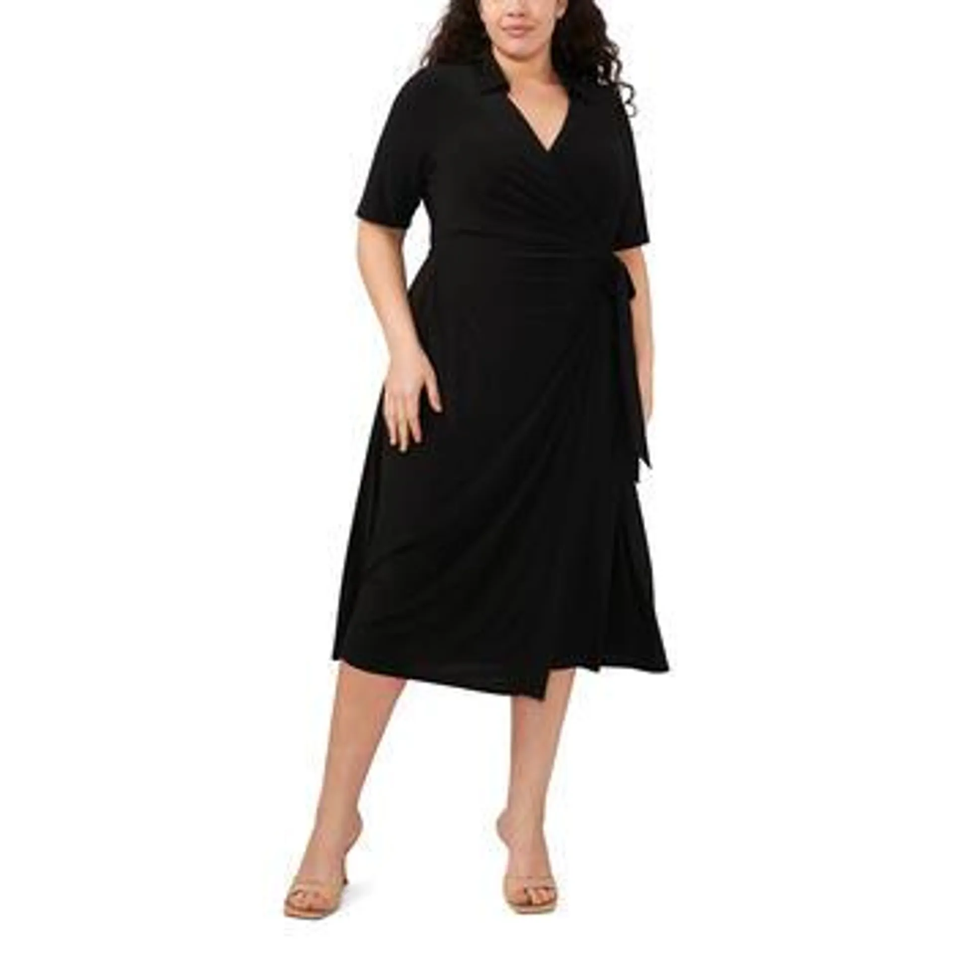 Plus Size MSK Short Sleeve Side Tie Collar ITY Midi Dress