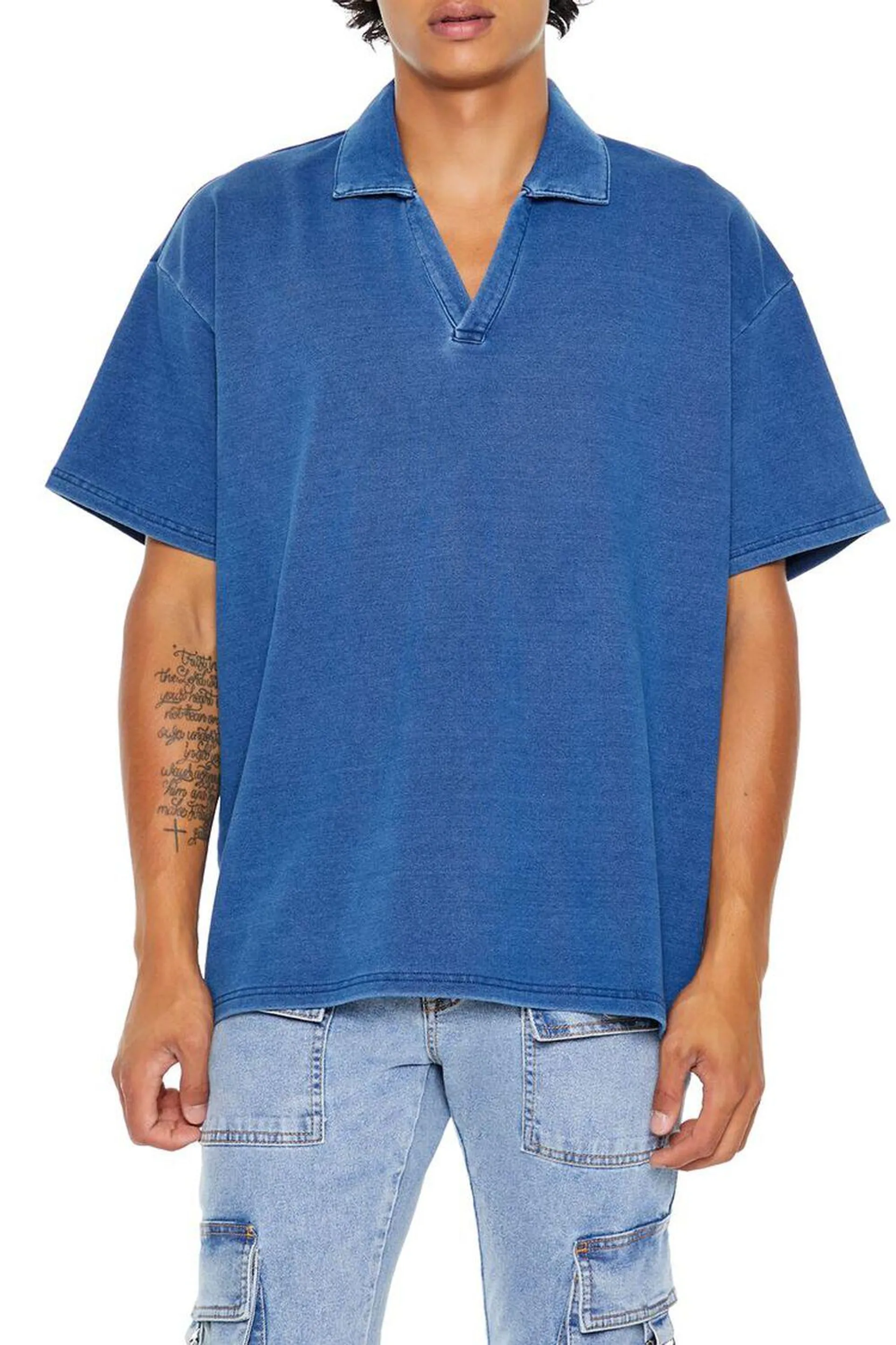 Knit Denim V-Neck Polo Shirt