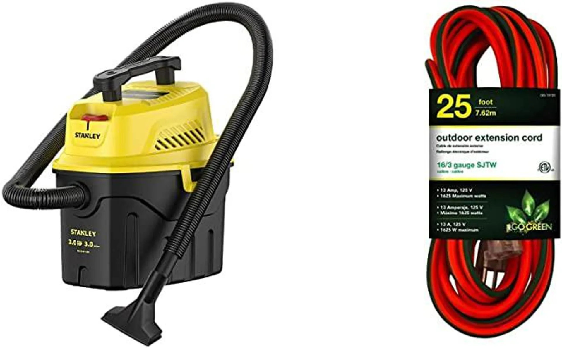Stanley SL18910P-3 Wet/Dry, 3 Gallon, 3 Horsepower, Portable Car Vacuum, 3.0 HP AC, Black+Yellow & GoGreen Power GG-13725 16/3 25’ SJTW Outdoor Extension Cord, Lighted End, 25 Ft