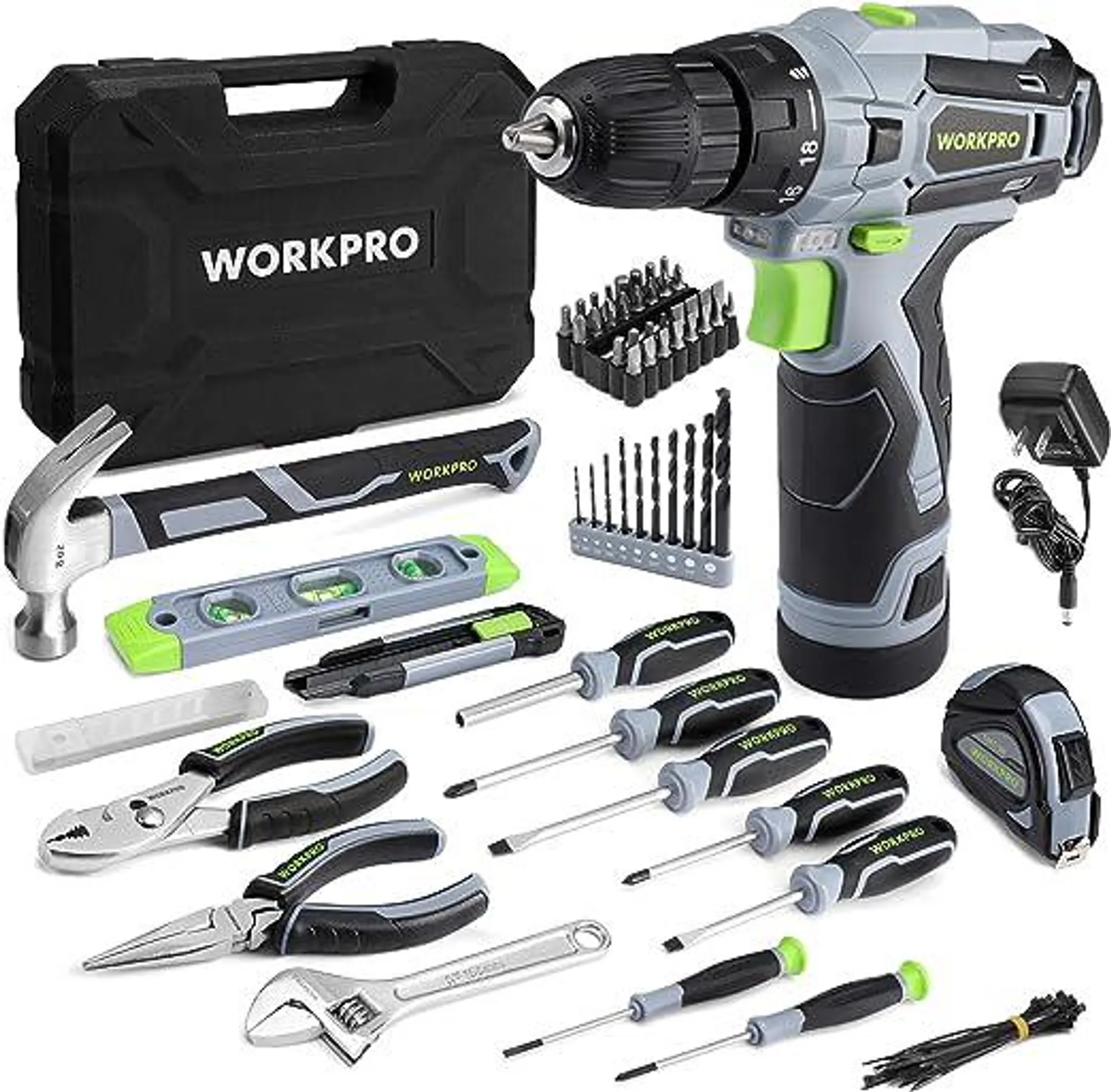 WORKPRO Home Tool Kit with Power Drill, 108PCS Power Home Tool Set with 12V 1.5 Ah Battery Powered Screwdriver and Tool Box, Electric Cordless Drill Set with Keyless Chuck and Variable Speed Trigger