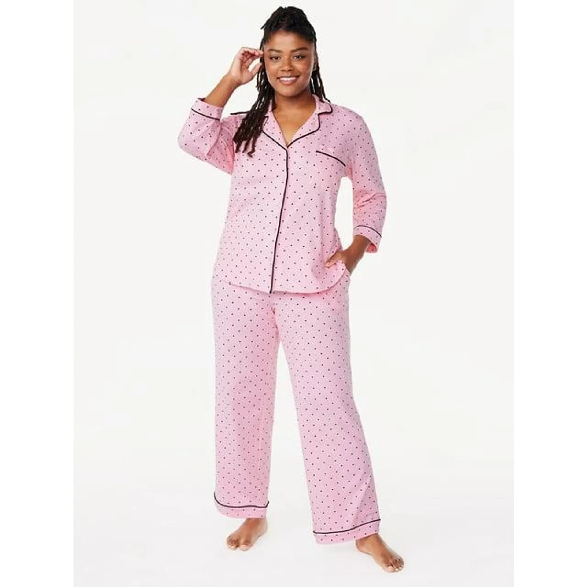 Joyspun Women’s Cotton Blend Notch Collar Top and Pants Pajama Set, 2-Piece, Sizes S to 4X