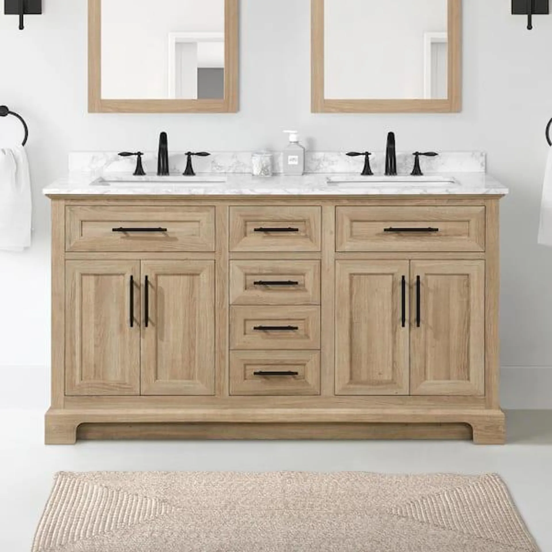 Doveton 60 in. Double Sink Freestanding Weathered Tan Bath Vanity with White Engineered Marble Top (Assembled)