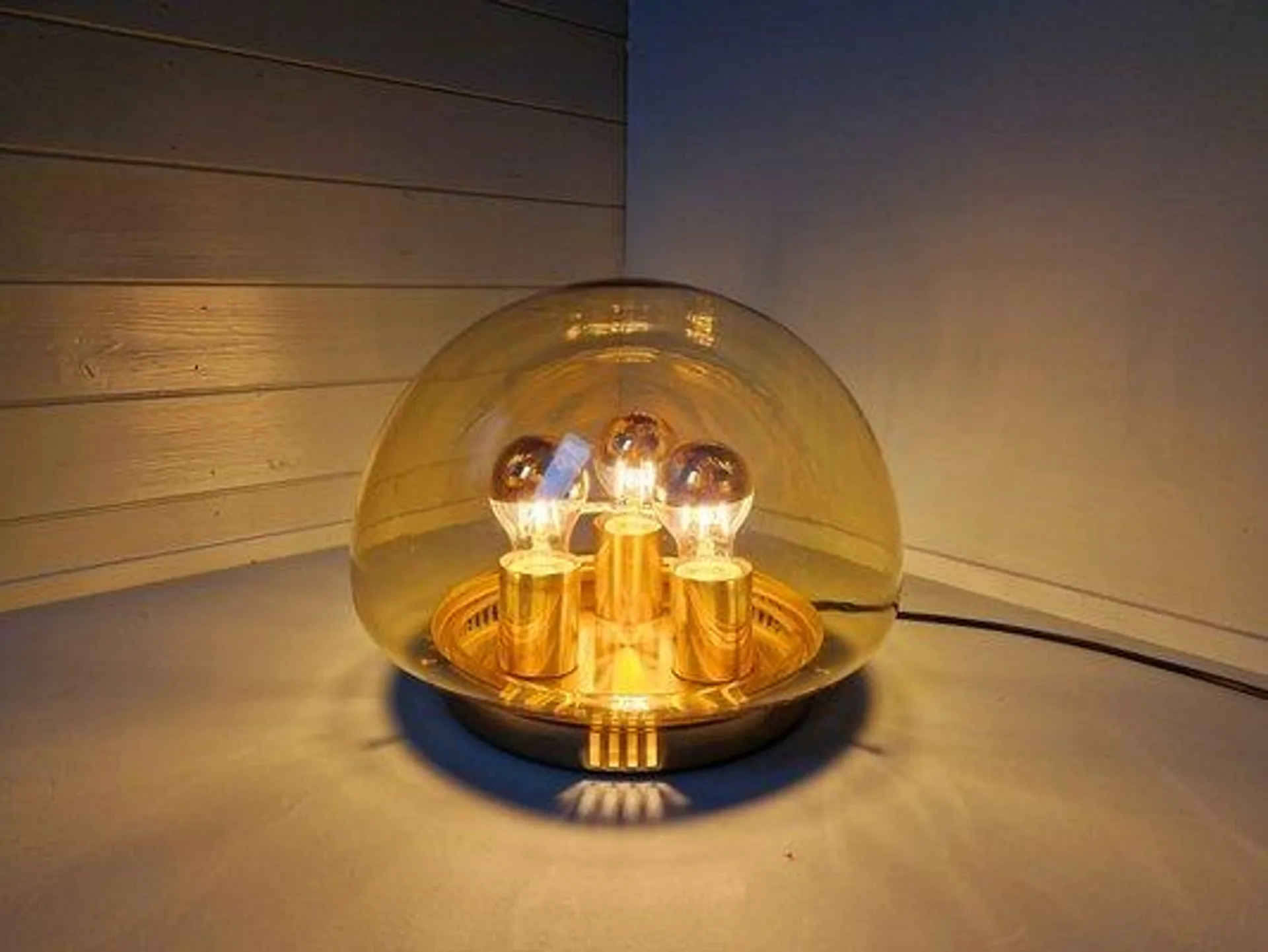 Space Age Ceiling Lamp in Brass and Amber Glass from Glashütte Limburg, 1970s