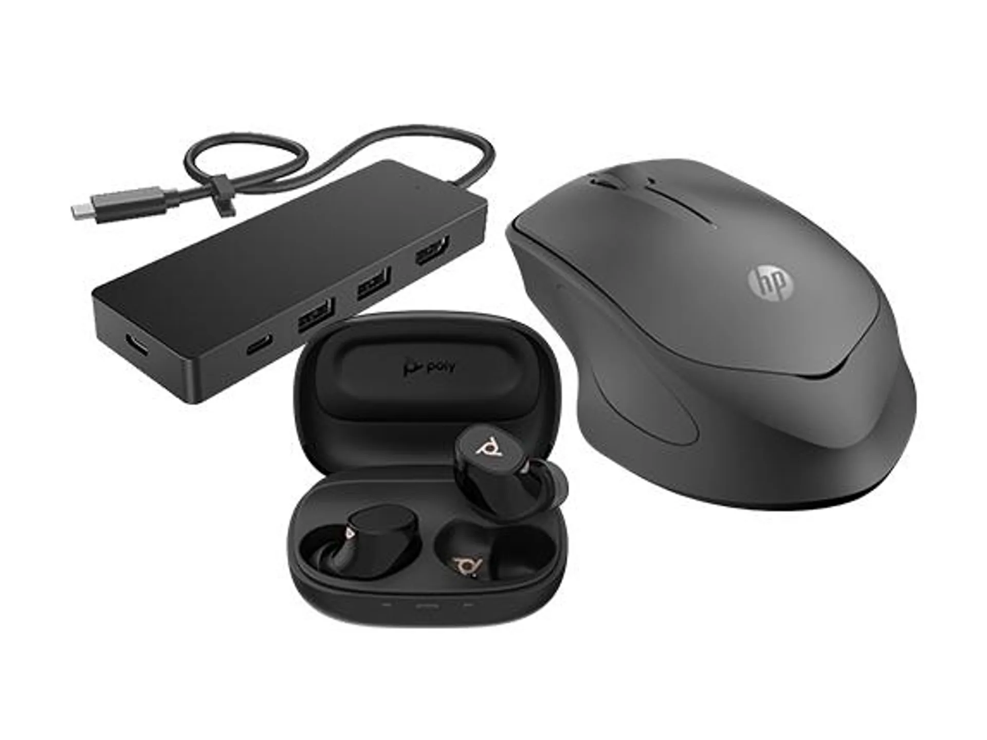 Poly Earbuds, HP USB-C Travel Hub G3 + HP 280 Silent Wireless Mouse Bundle