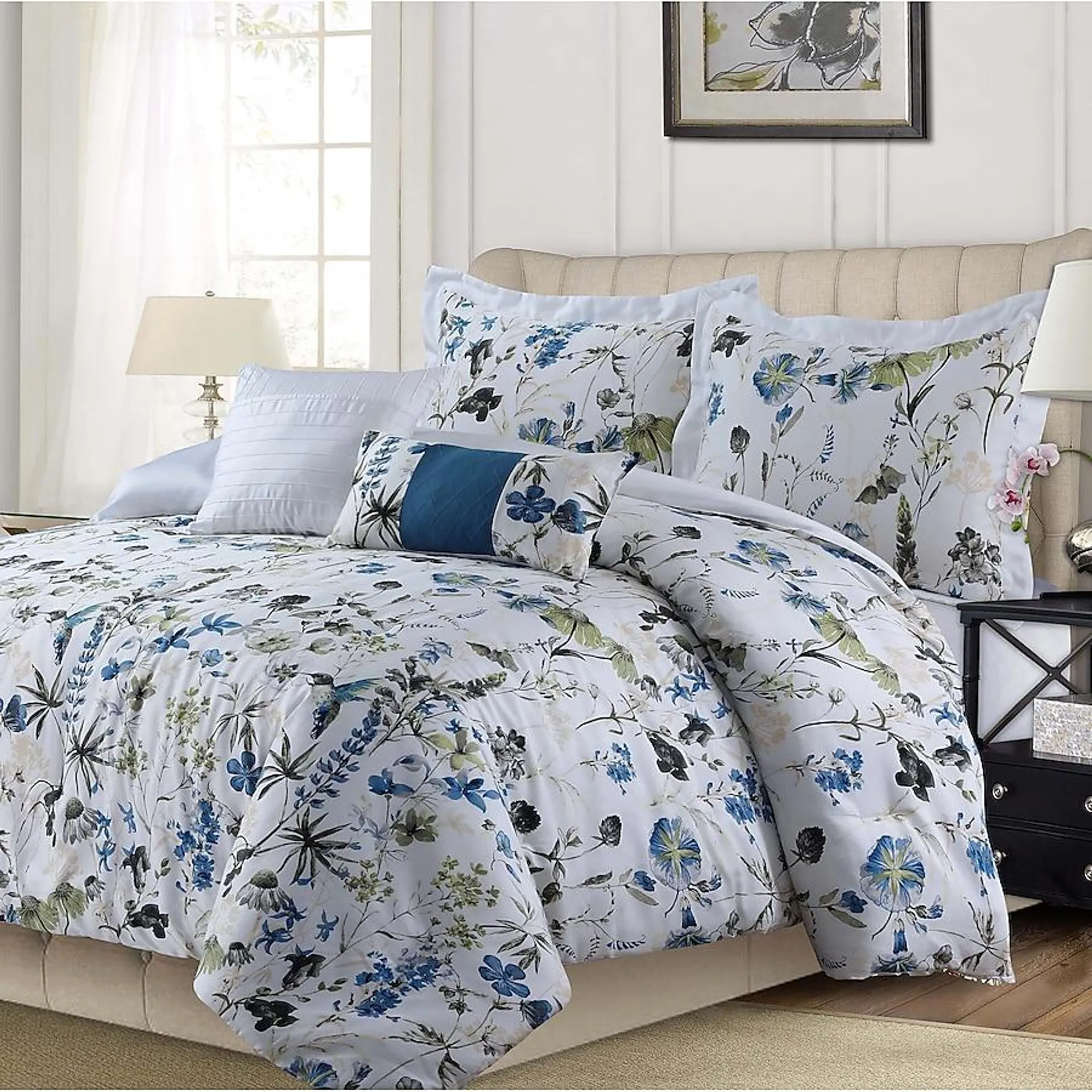 TRIBECA LIVING 300 TC 5-Piece Comforter Set Blue Floral California King Comforter Cotton with (Fill)