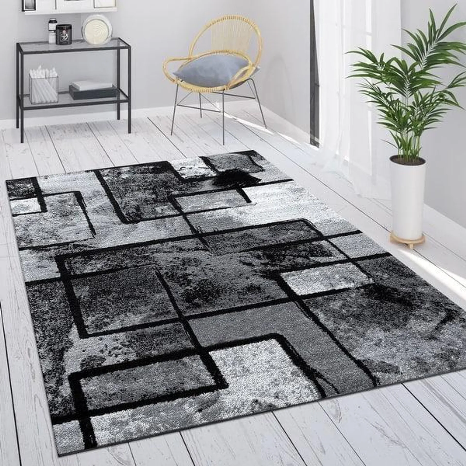 Modern Black-White Area Rug with Abstract Paint Effect