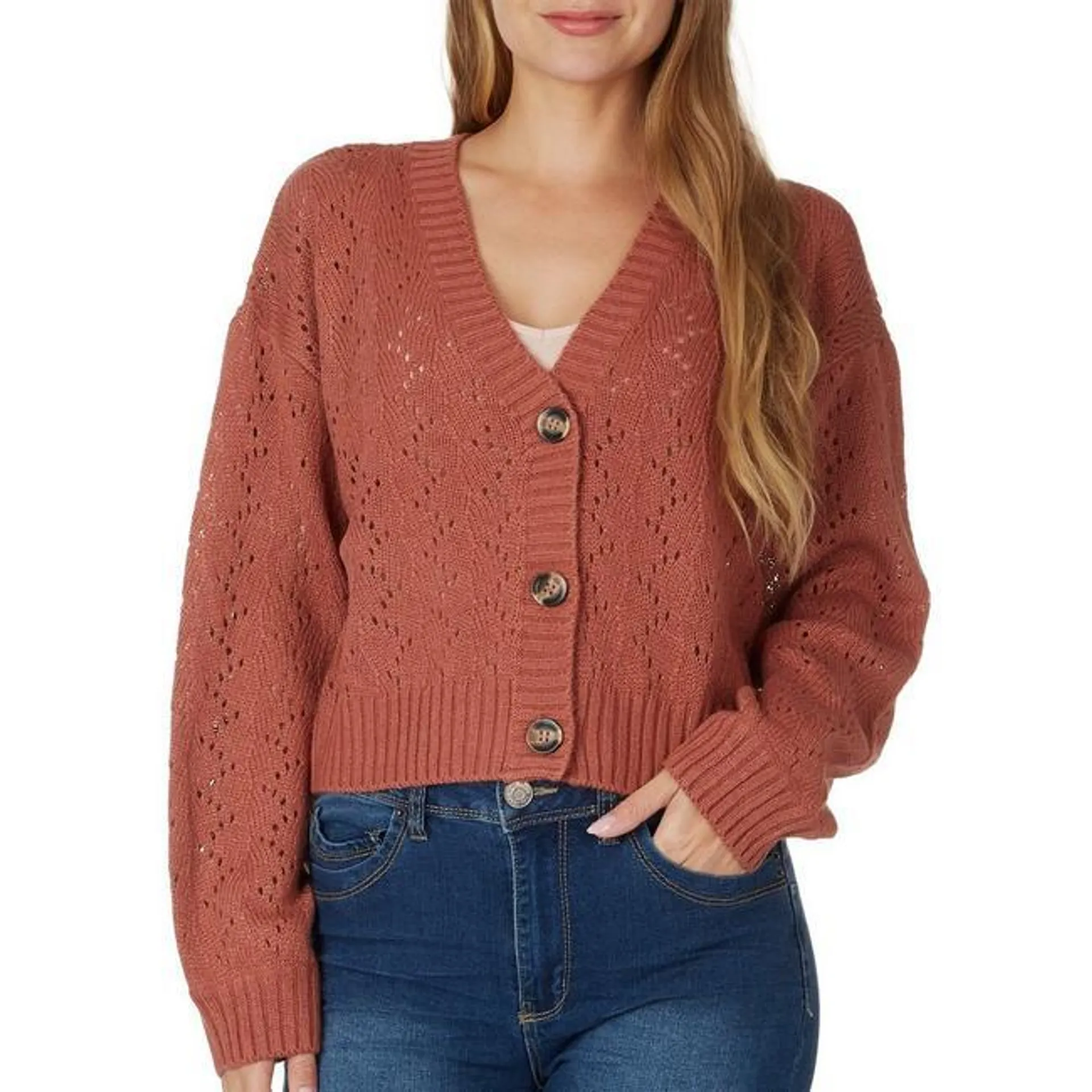 Juniors Solid Open Knit Button Up Cardigan