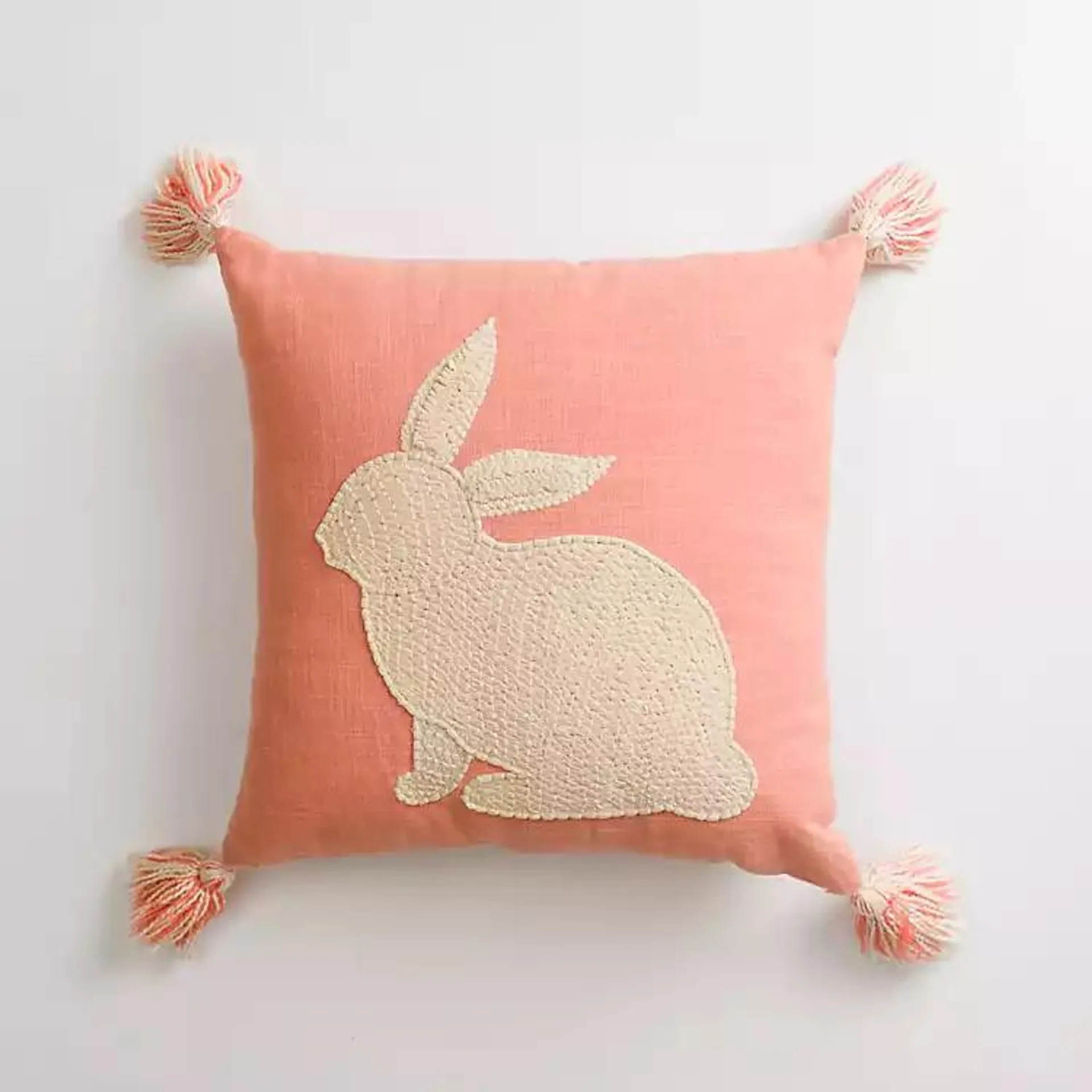 Pink Embroidered Bunny Tassel Pillow