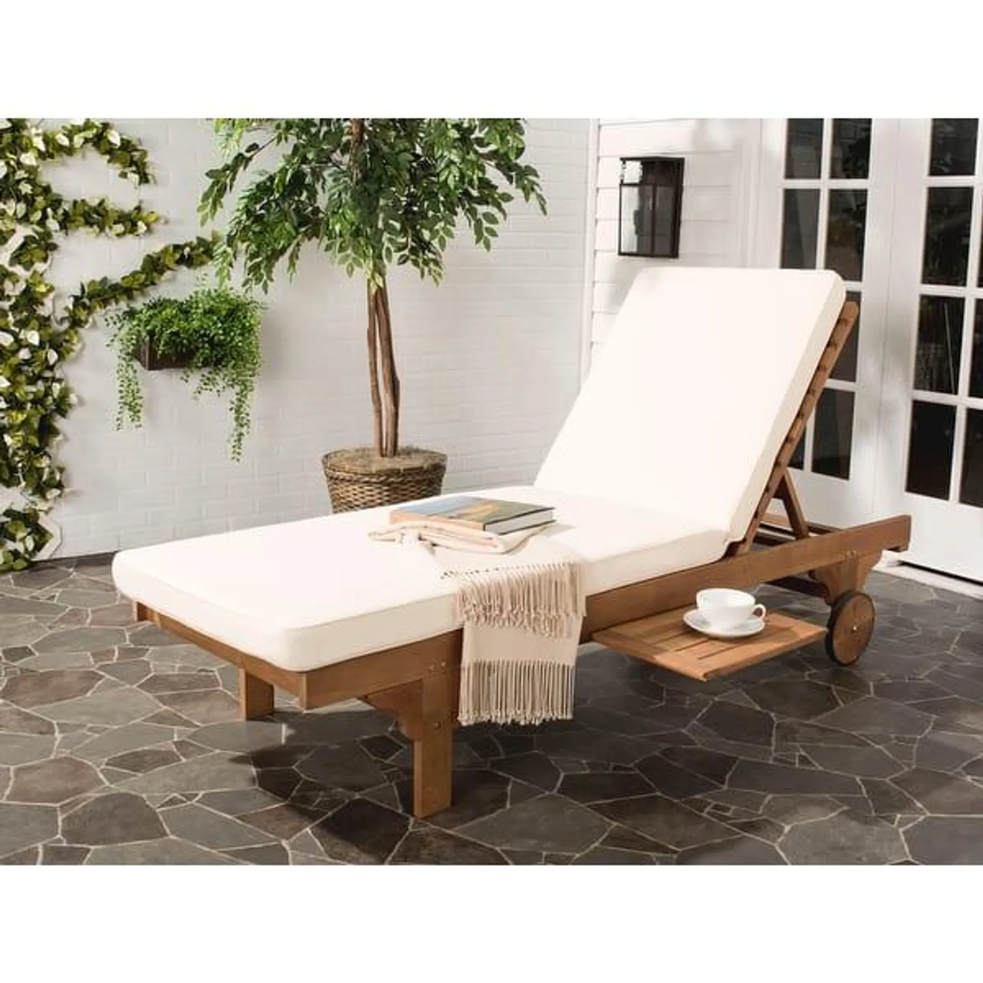 SAFAVIEH Outdoor Newport Solid Wood Chaise Lounge Chair with Side Table & Cushion - 27.6" x 78.7" x 14.2"