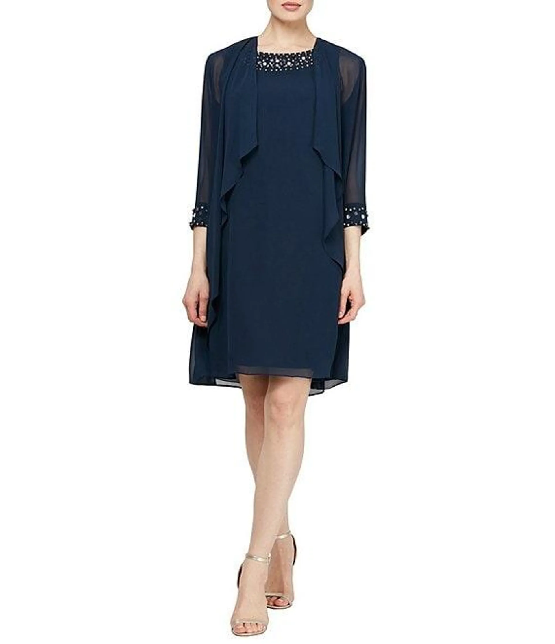 Chiffon Beaded Crew Neck 3/4 Sleeve 2-Piece Jacket Dress