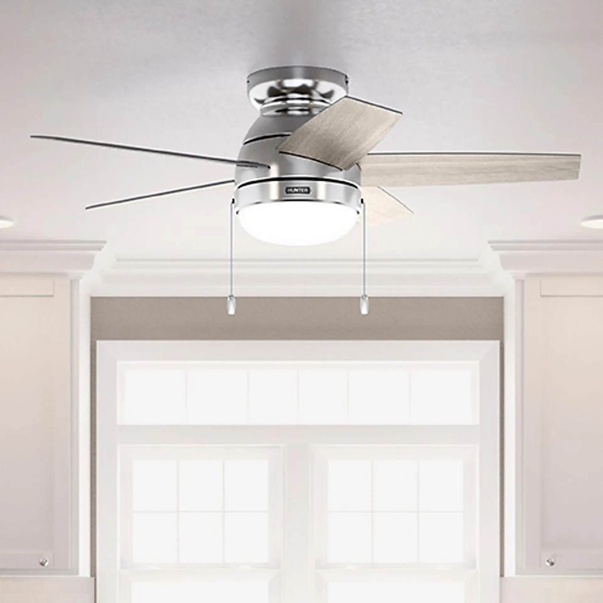 Hunter Alexander 44-in Brushed Nickel with Light Gray Oak Blades LED Indoor Flush Mount Ceiling Fan with Light (5-Blade)