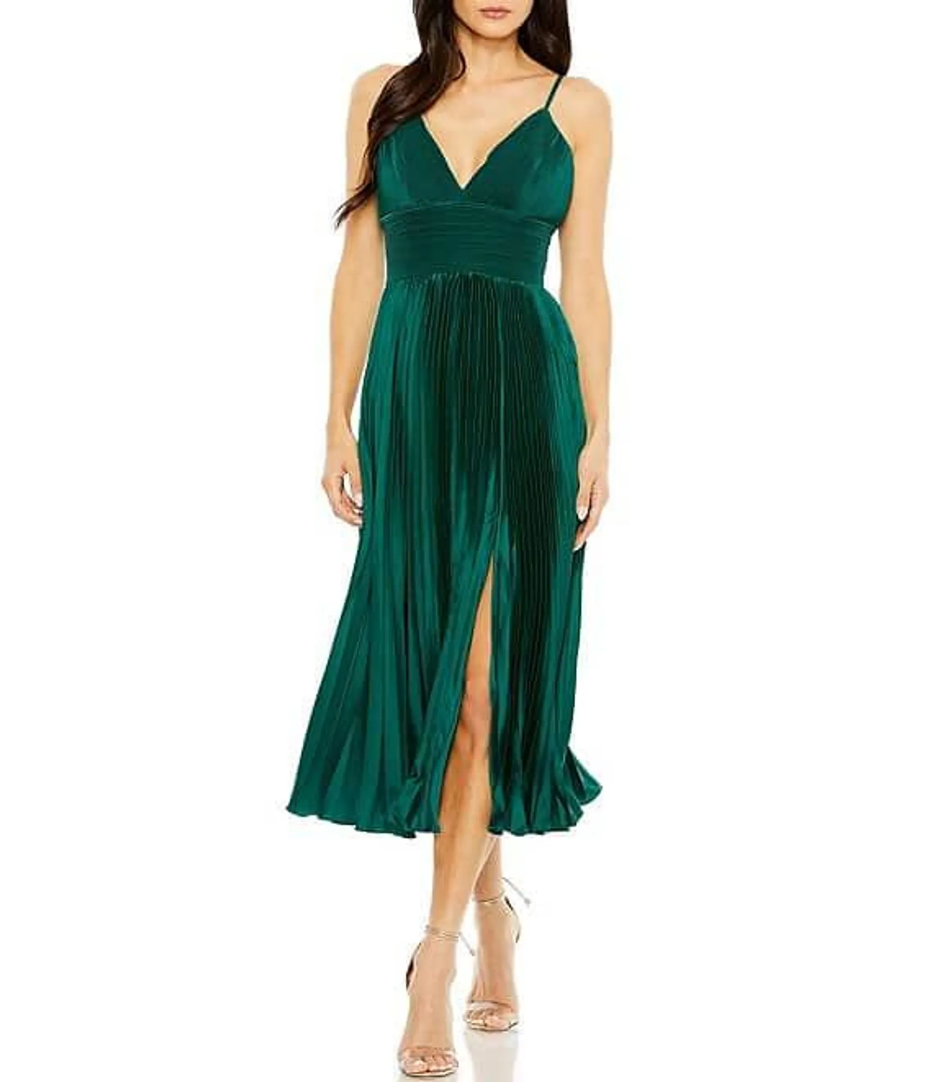 Satin Pleated V-Neck Sleeveless Midi Dress