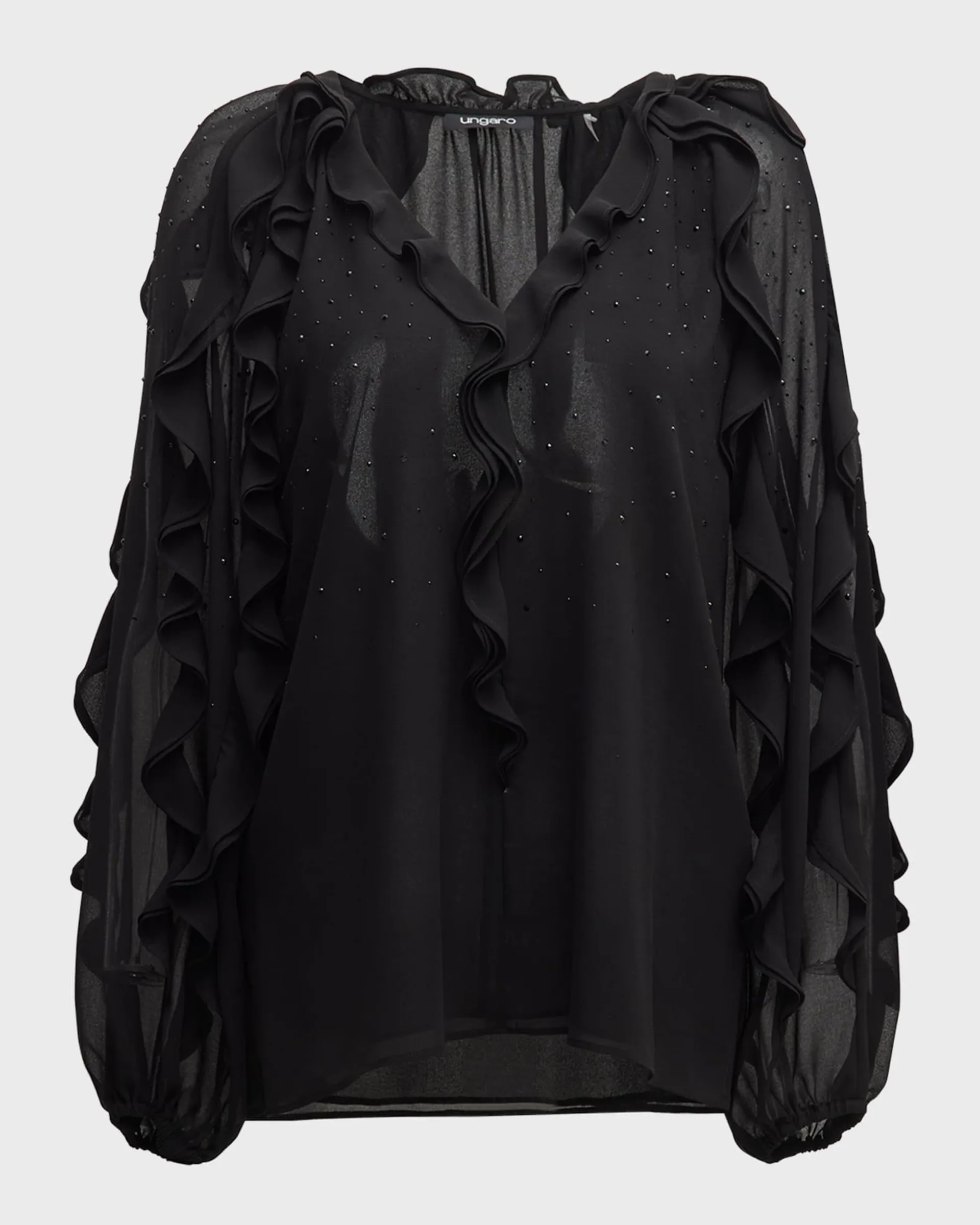 Ruffle-Trim Rhinestone Chiffon Blouse