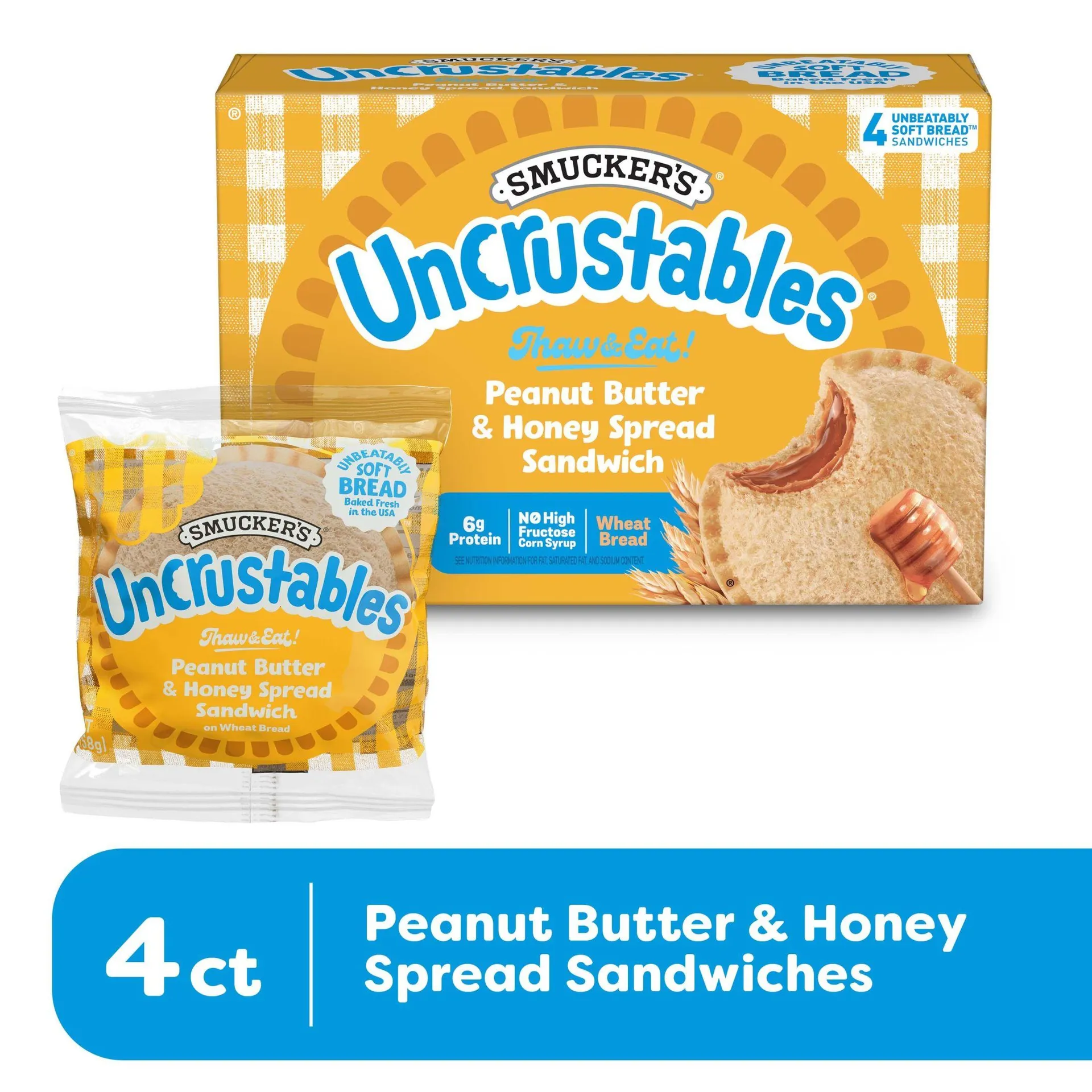 Smucker's Uncrustables Peanut Butter and Honey Spread Sandwiches, 2 oz, 4 count (Frozen)