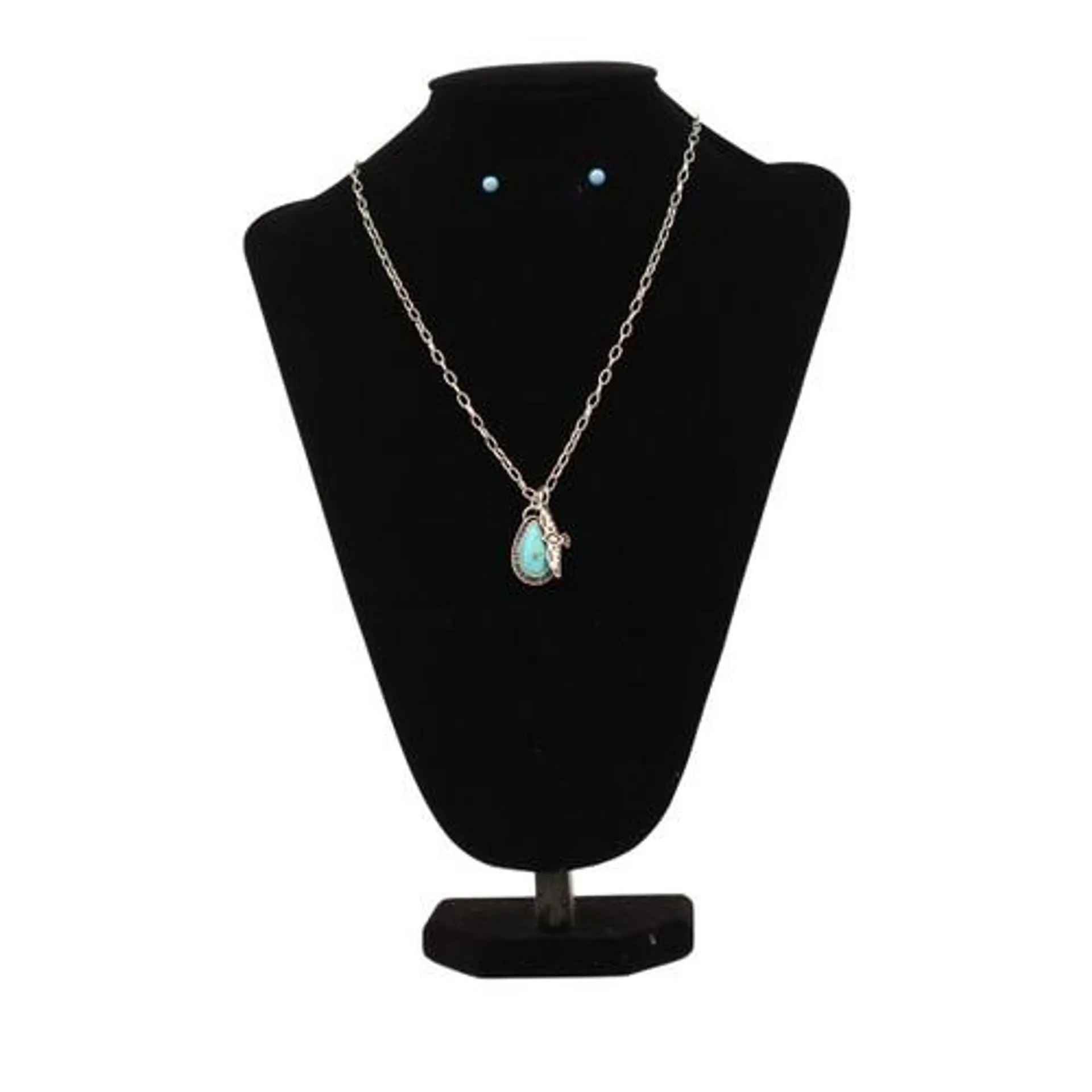 Silver Strike Necklace and Earring Set with Turquoise Oval Pendant & Bird Charm