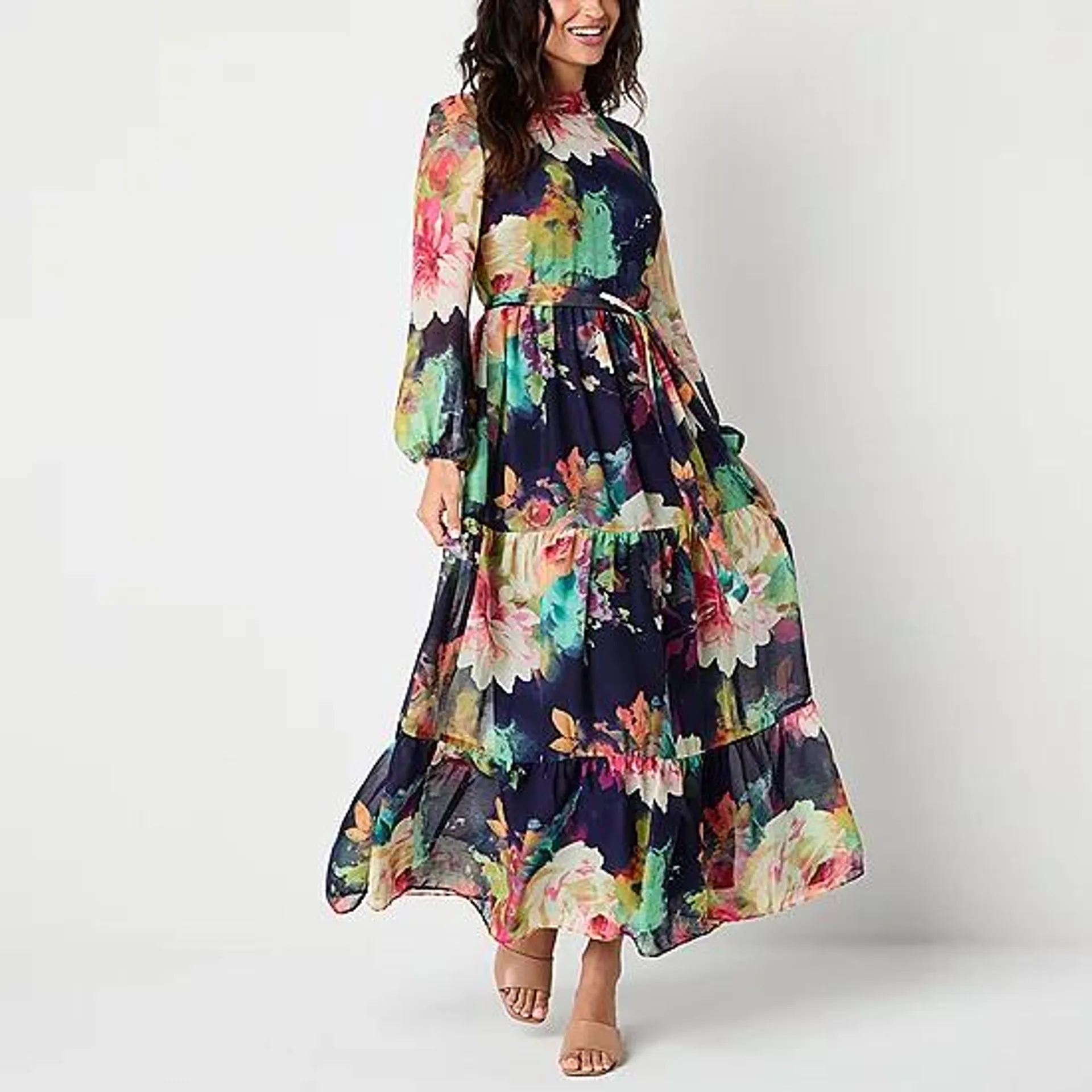 new! Melonie T Womens Long Sleeve Floral Maxi Dress