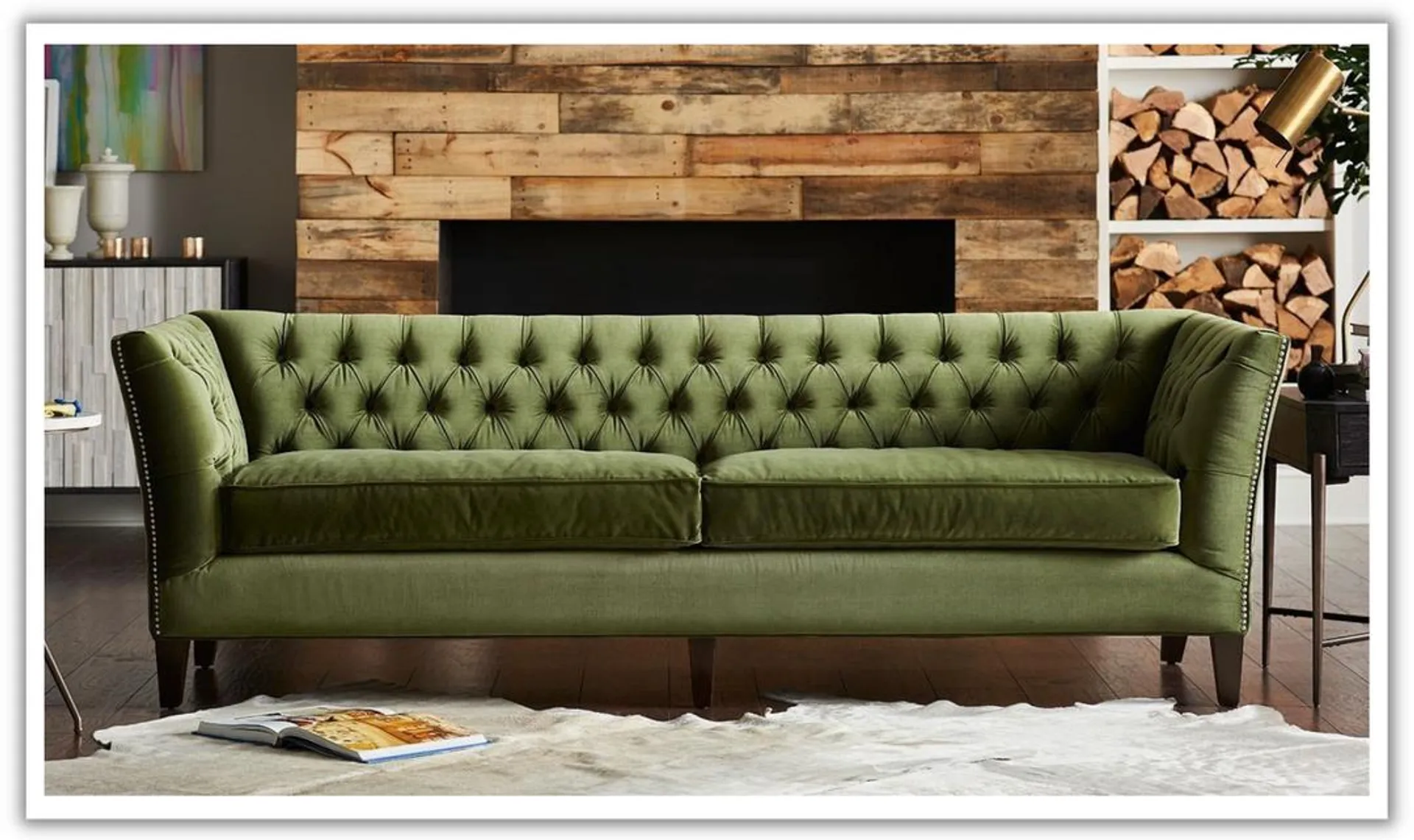 Universal Furniture Duncan 2-Seater Velvet Fabric Tufted Sofa in Green