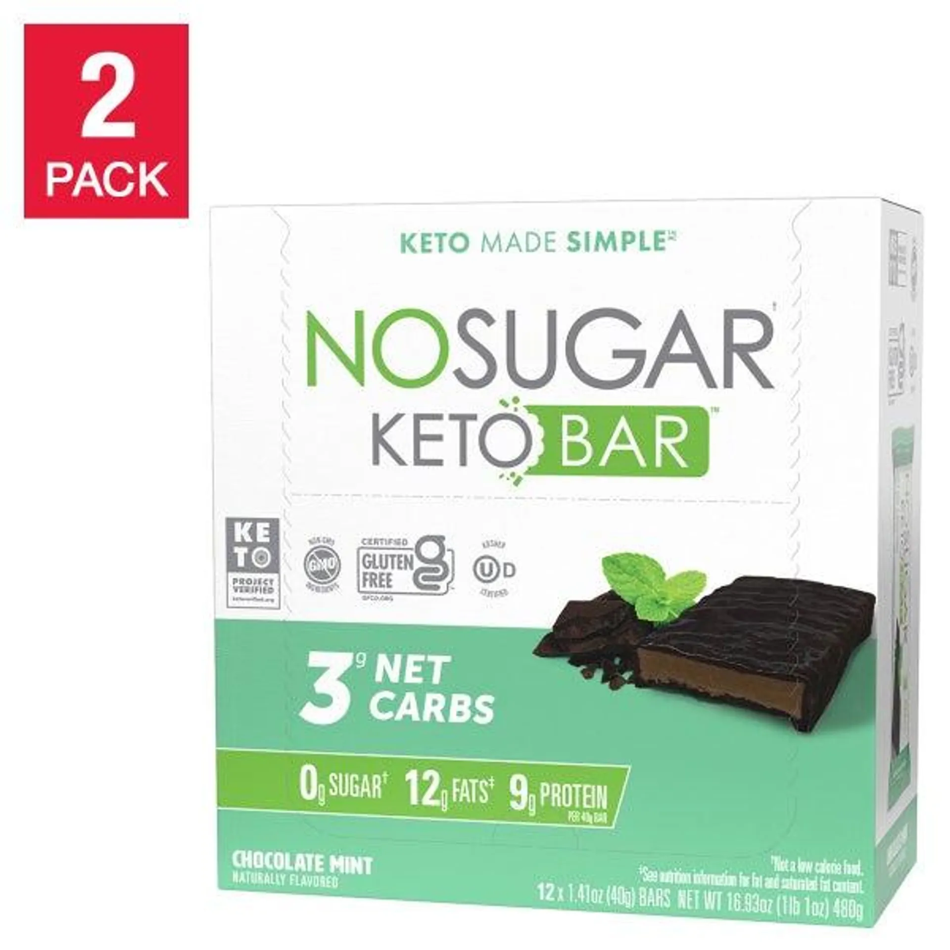 No Sugar Keto Bar Chocolate Mint (12-count) 2-pack