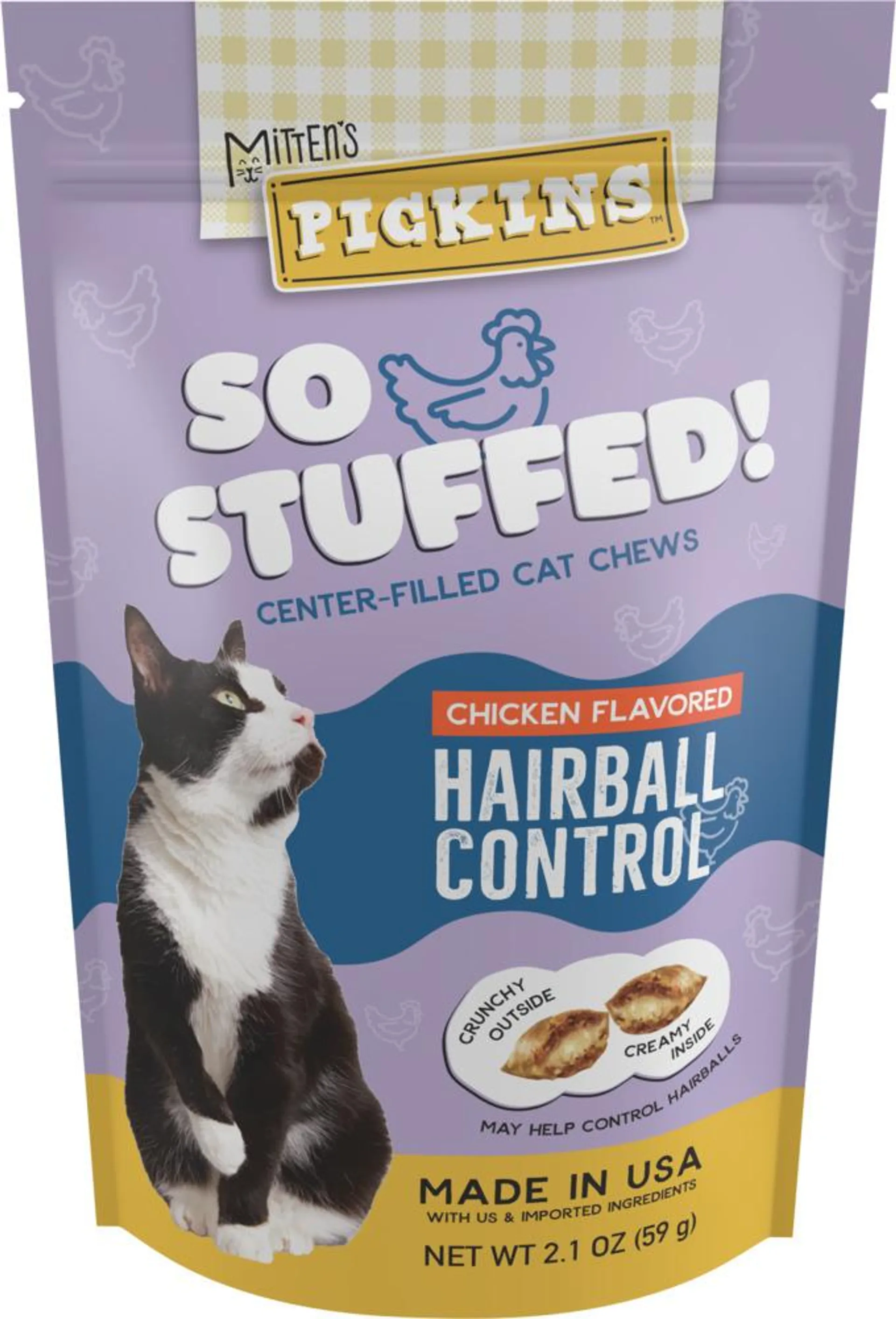 Mitten's Pickins So Stuffed! Chicken Flavor Hairball Control Center-Filled Cat Treats, 2.1 Ounces