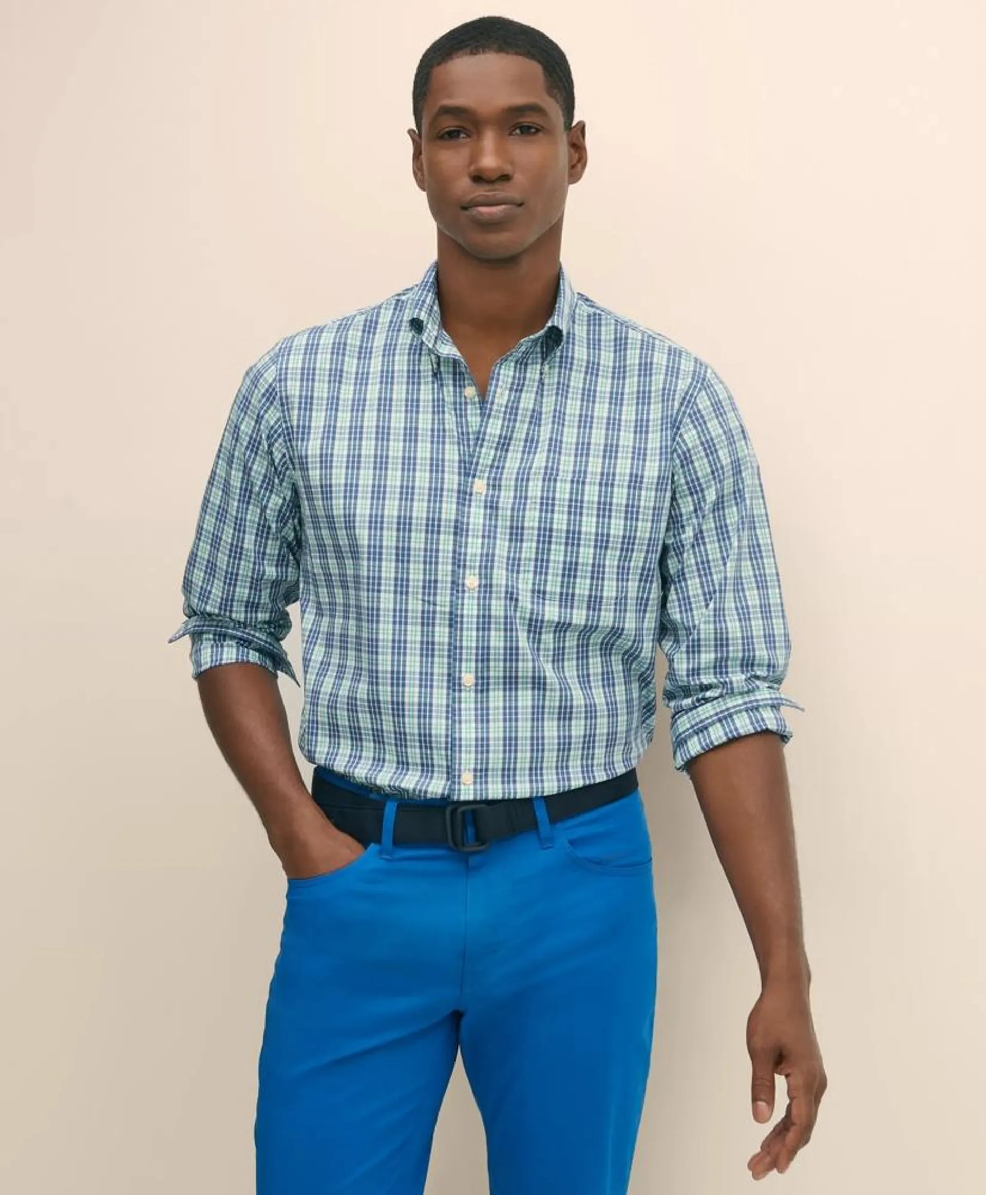 Performance Series Stretch Polo Button-Down Collar, Checked Sport Shirt