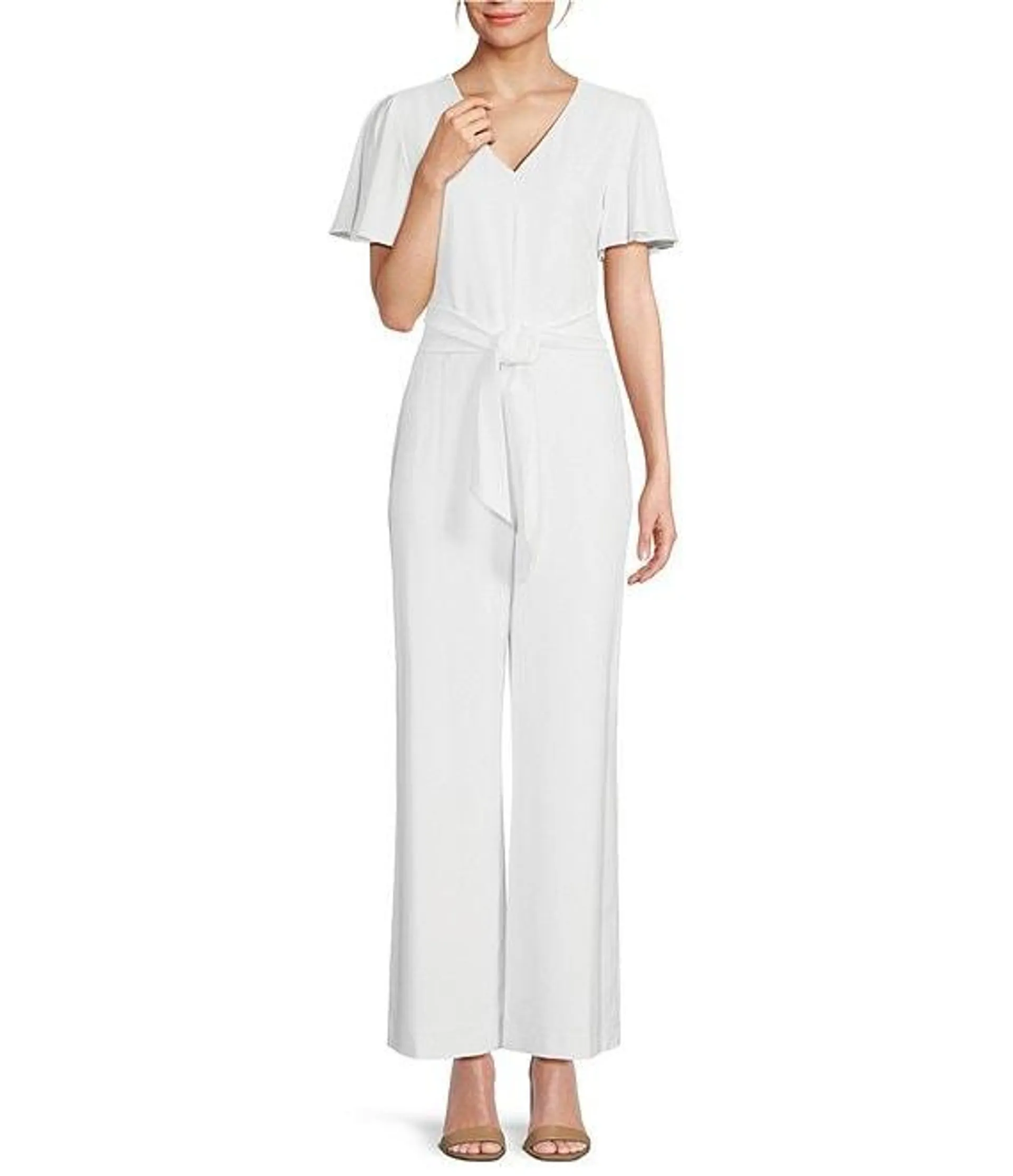 Kayla V-Neck Short Flutter Sleeve Tie Belt Jumpsuit