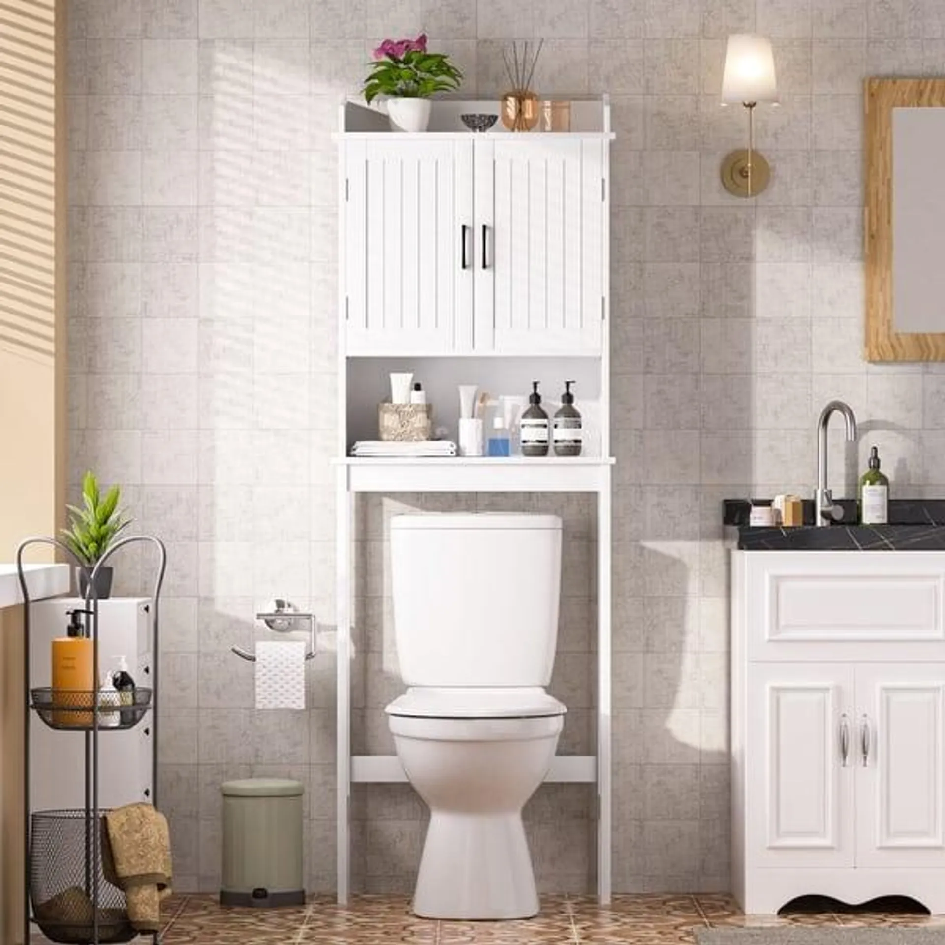 VEIKOUS Bathroom Over The Toilet Storage Cabinet Organizer With Doors and Shelves - White