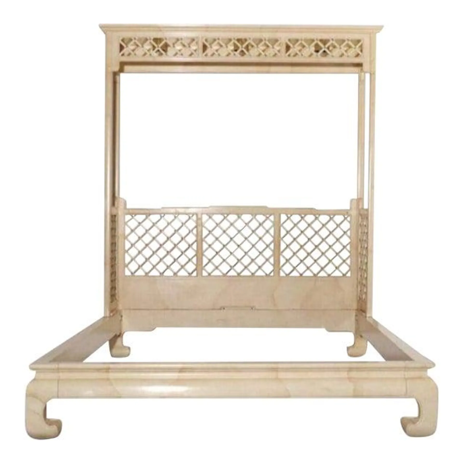 Vintage Monumental Henredon Cream Ming Leg Lattice Fretwork Regency Lighted Queen Size Bed Frame