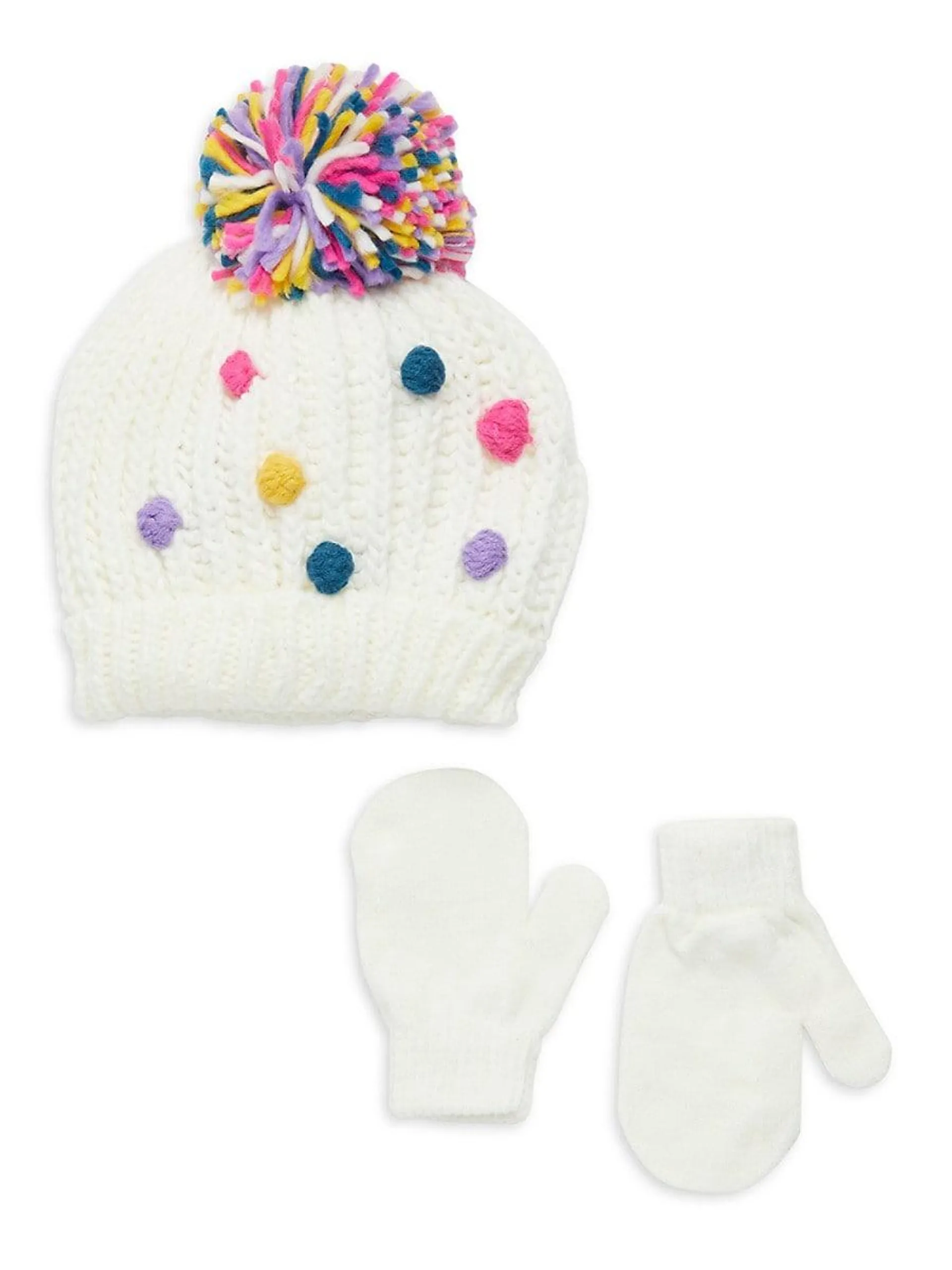 Capelli of New York All Over Poms Rib Knit Hat and Mitt Set in Ivory Multi