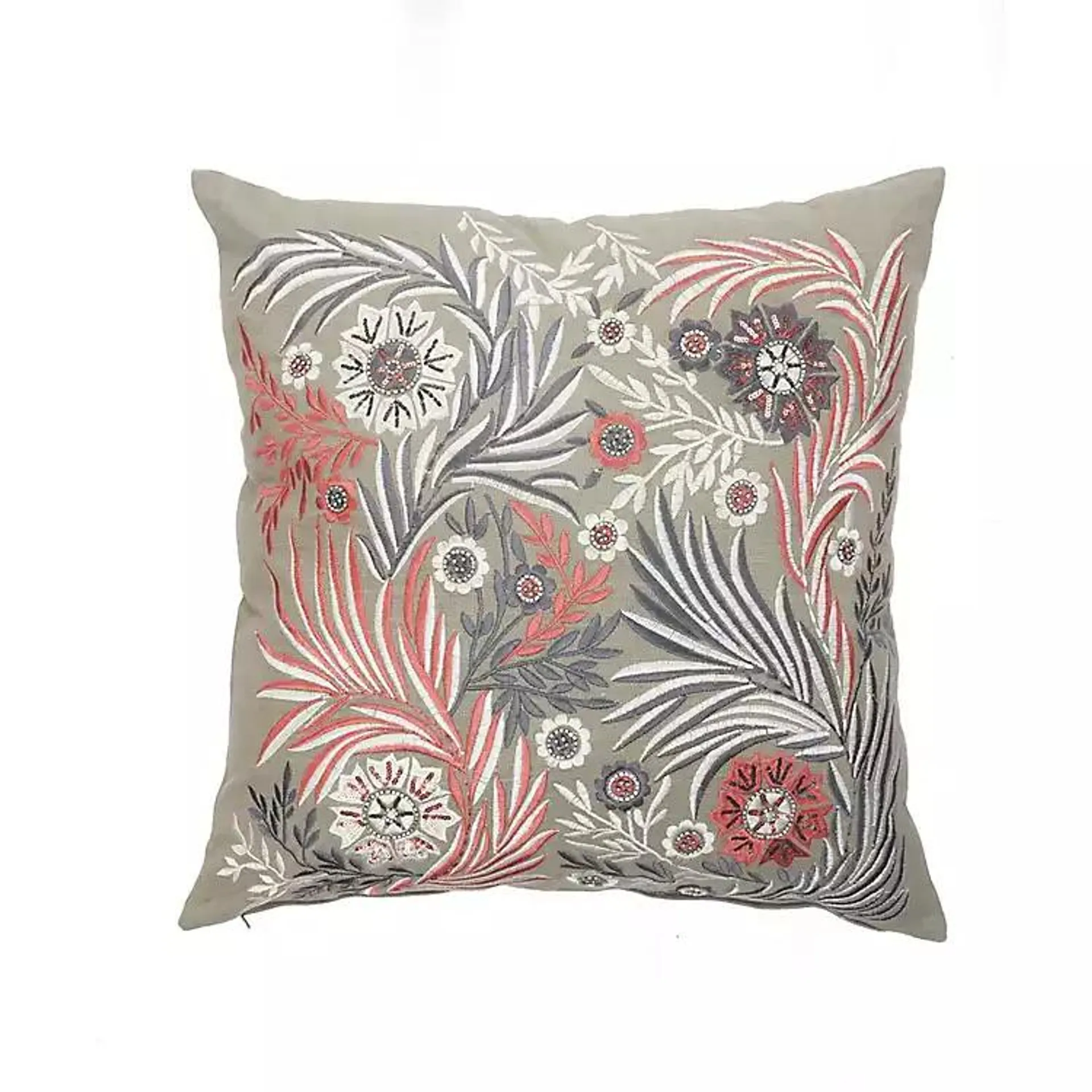 Gray and Pink Feather Garden Cotton Pillow