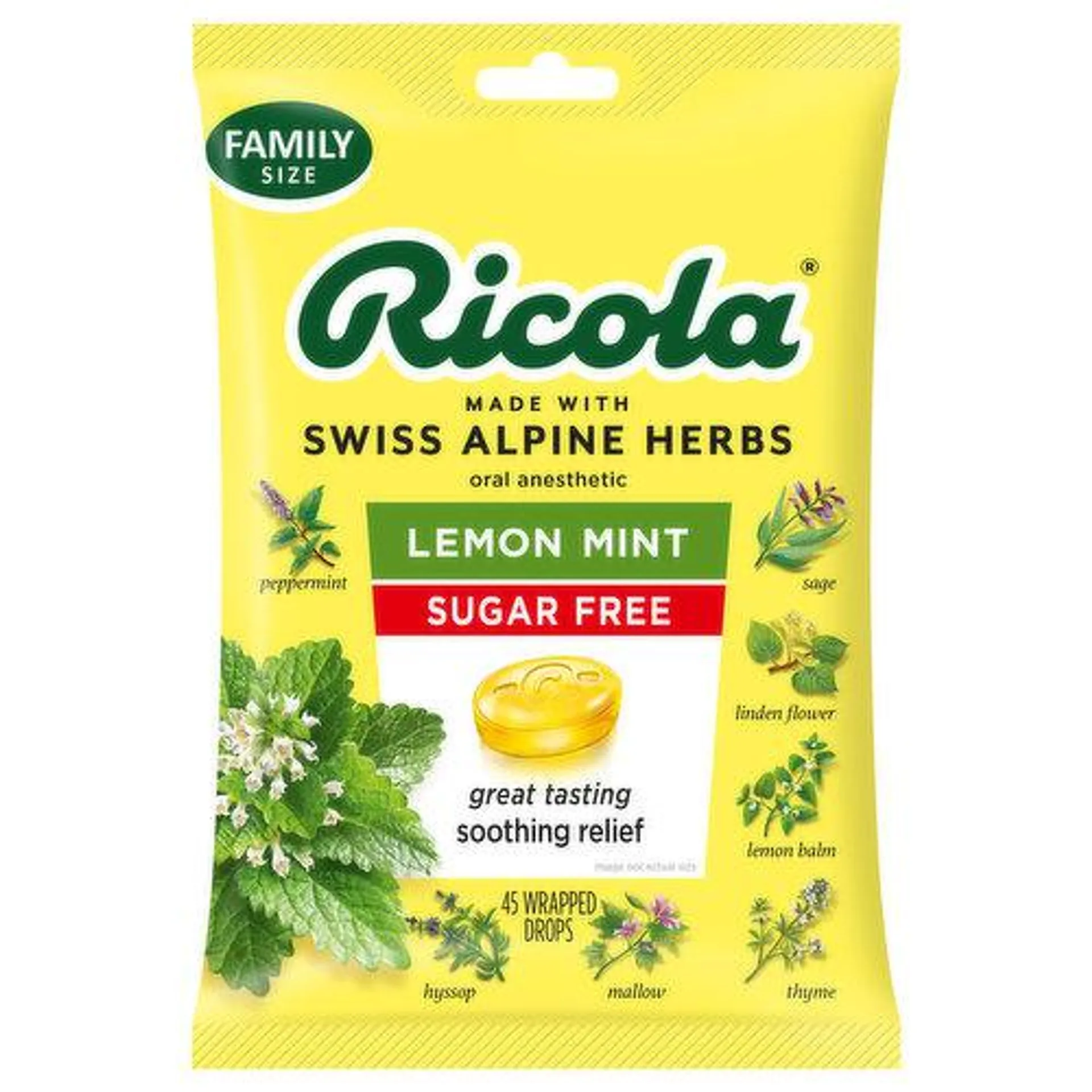 Ricola Drops, Sugar Free, Lemon Mint, Family Size, 45 Each