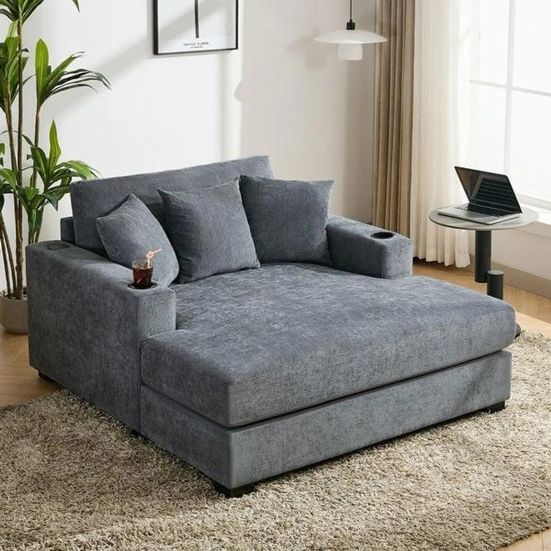 Chenille Fabric Oversized Chaise Lounger, 39.7''/43.5''/55'' Chair Bed Sofa Couch with Pillows, Charge Station & Cup Holders