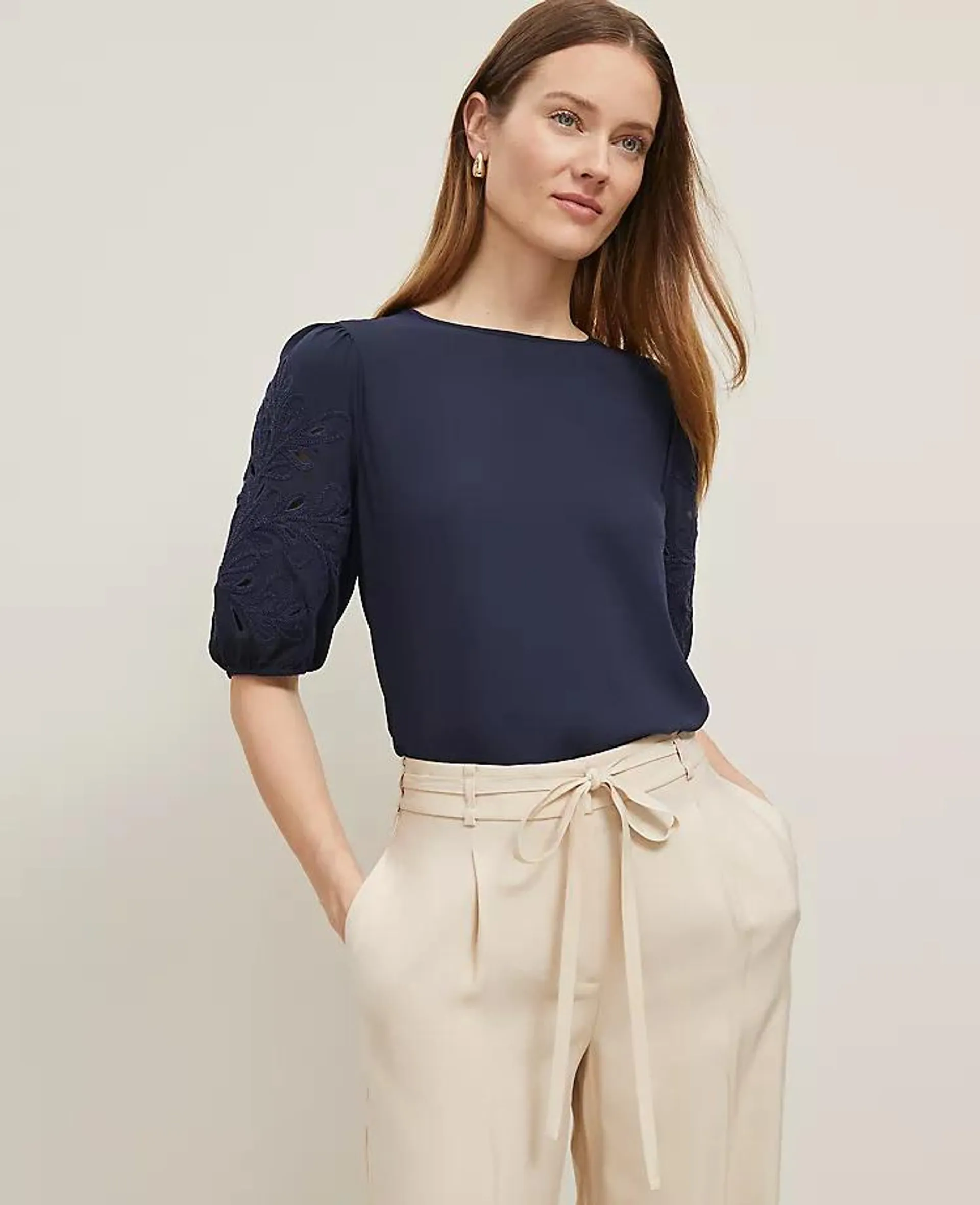 Embroidered Mixed Media Top
