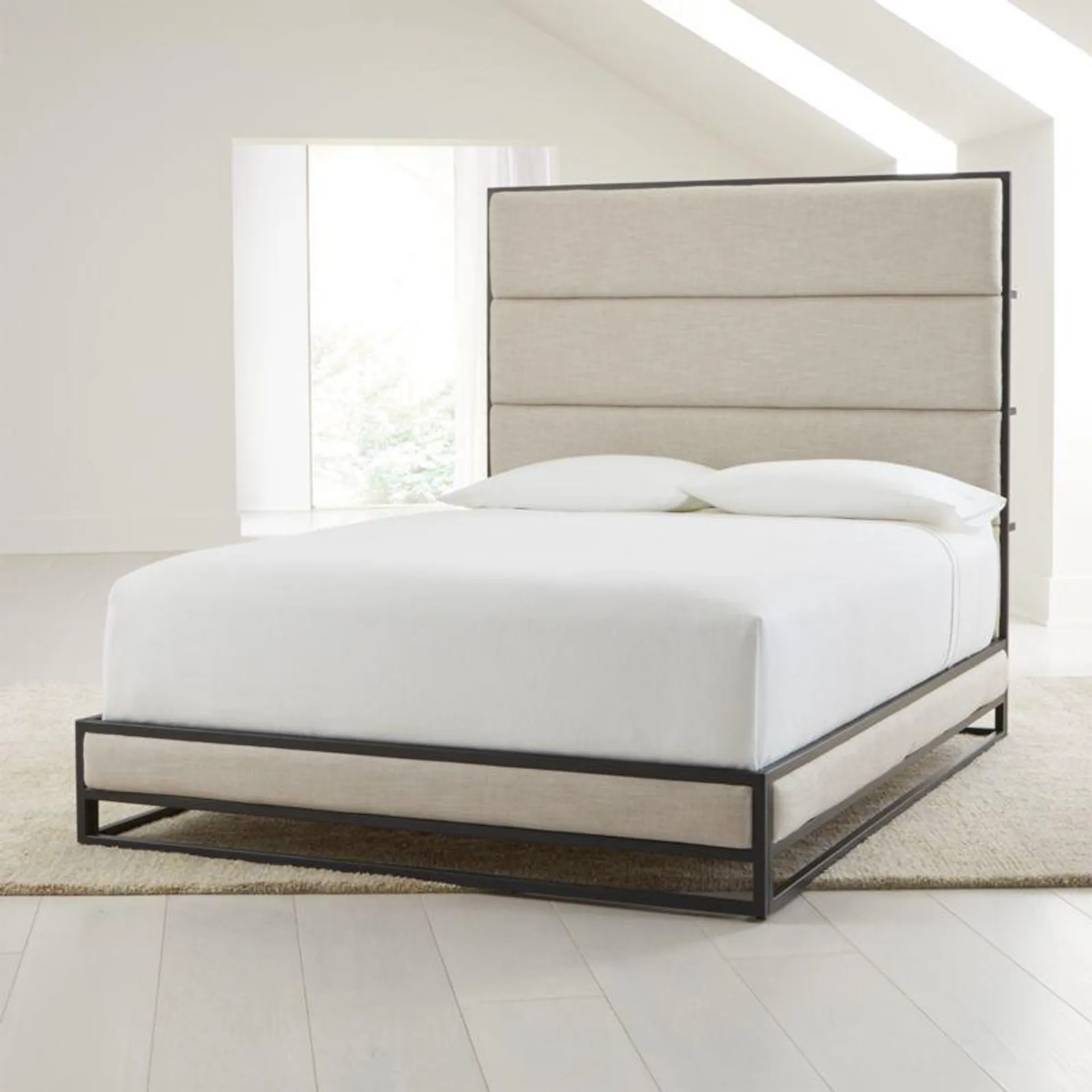 Oxford Ivory Upholstered Weathered Brown Metal Queen Bed + Reviews | Crate & Barrel