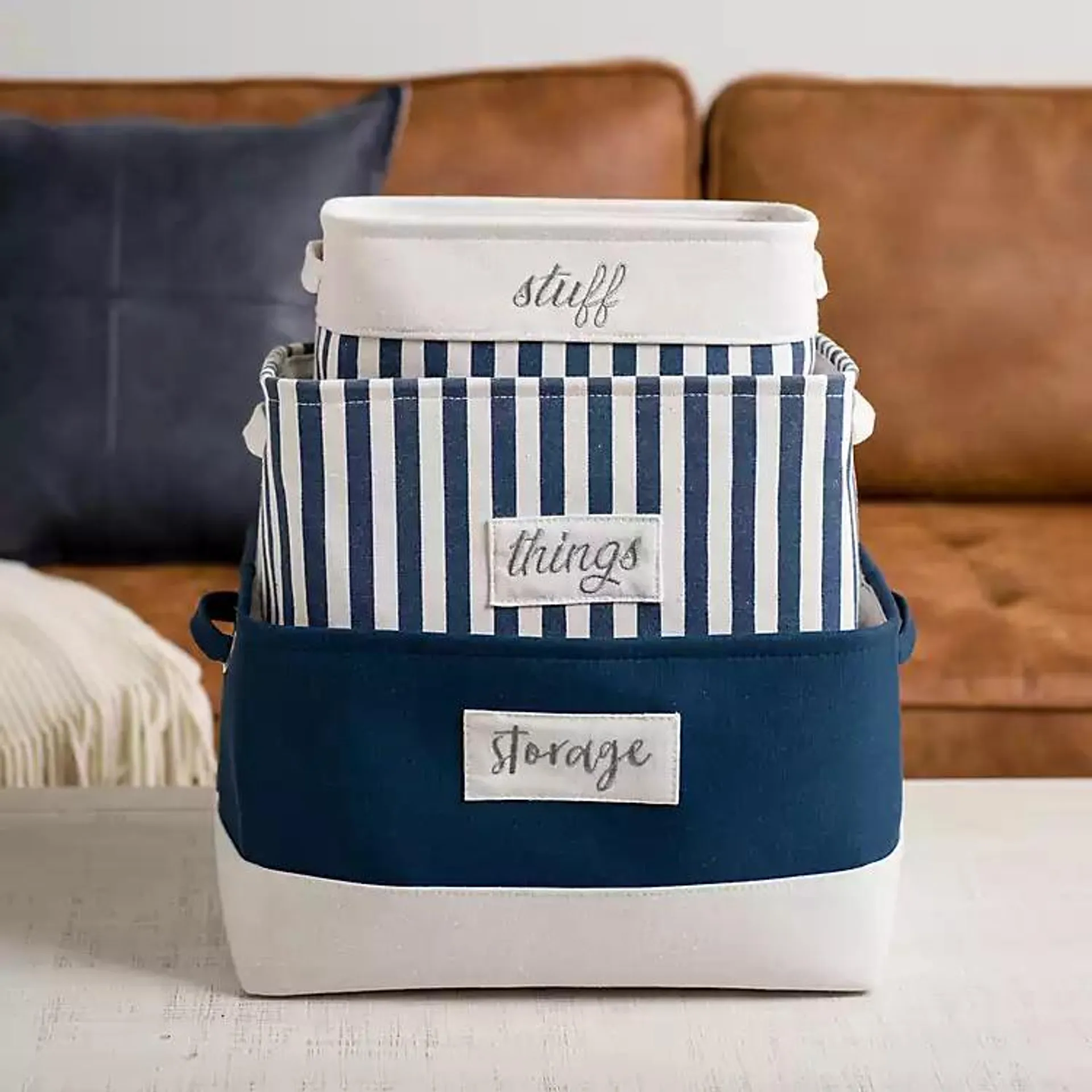 Navy and White Storage Bins, Set of 3